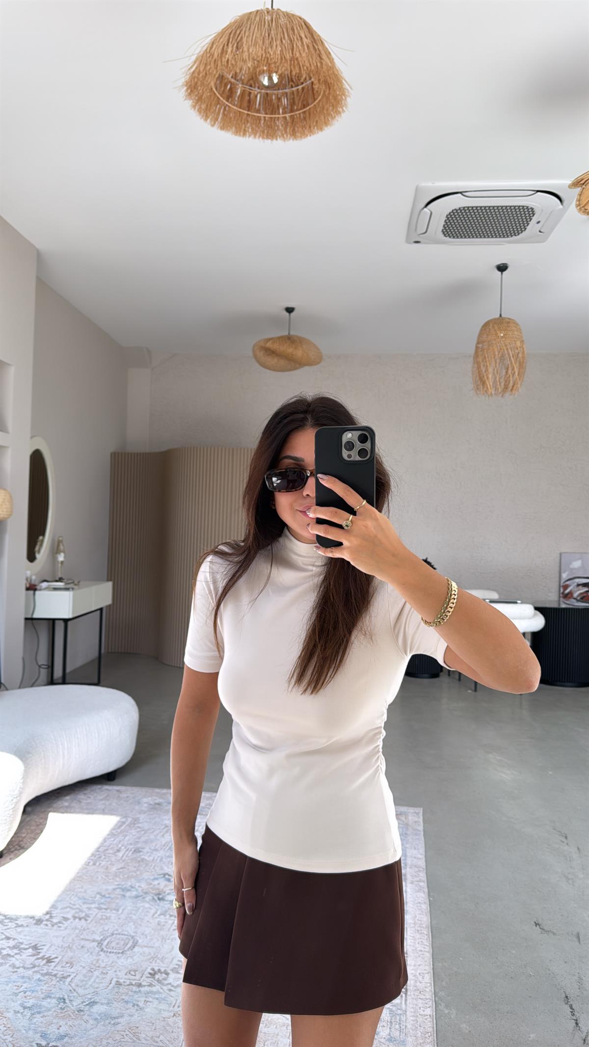 Taş Rengi Dik Yaka Büzgü Detay Modal Basic