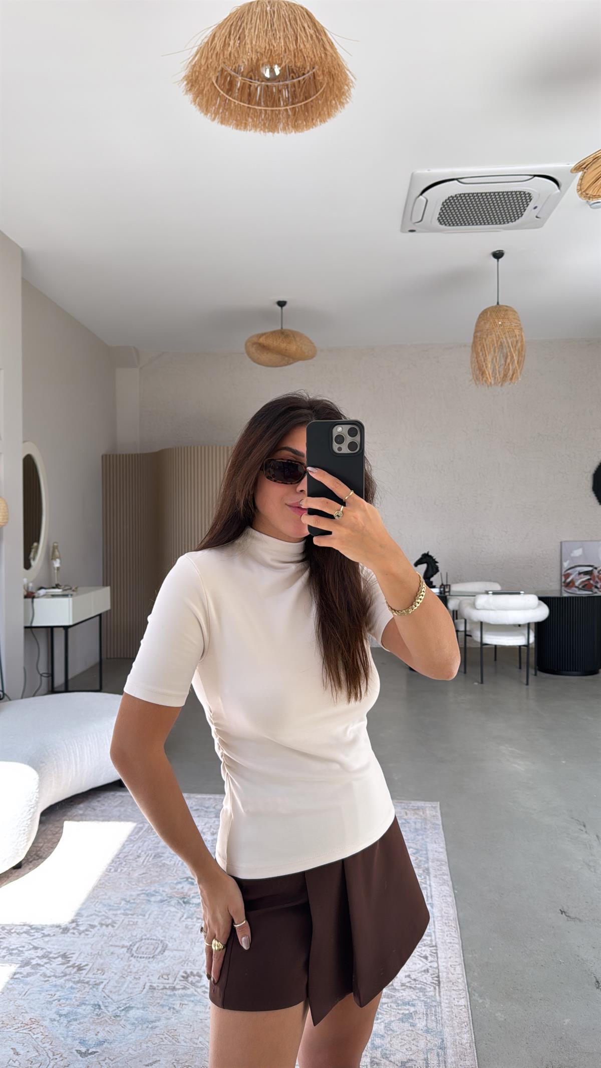 Taş Rengi Dik Yaka Büzgü Detay Modal Basic