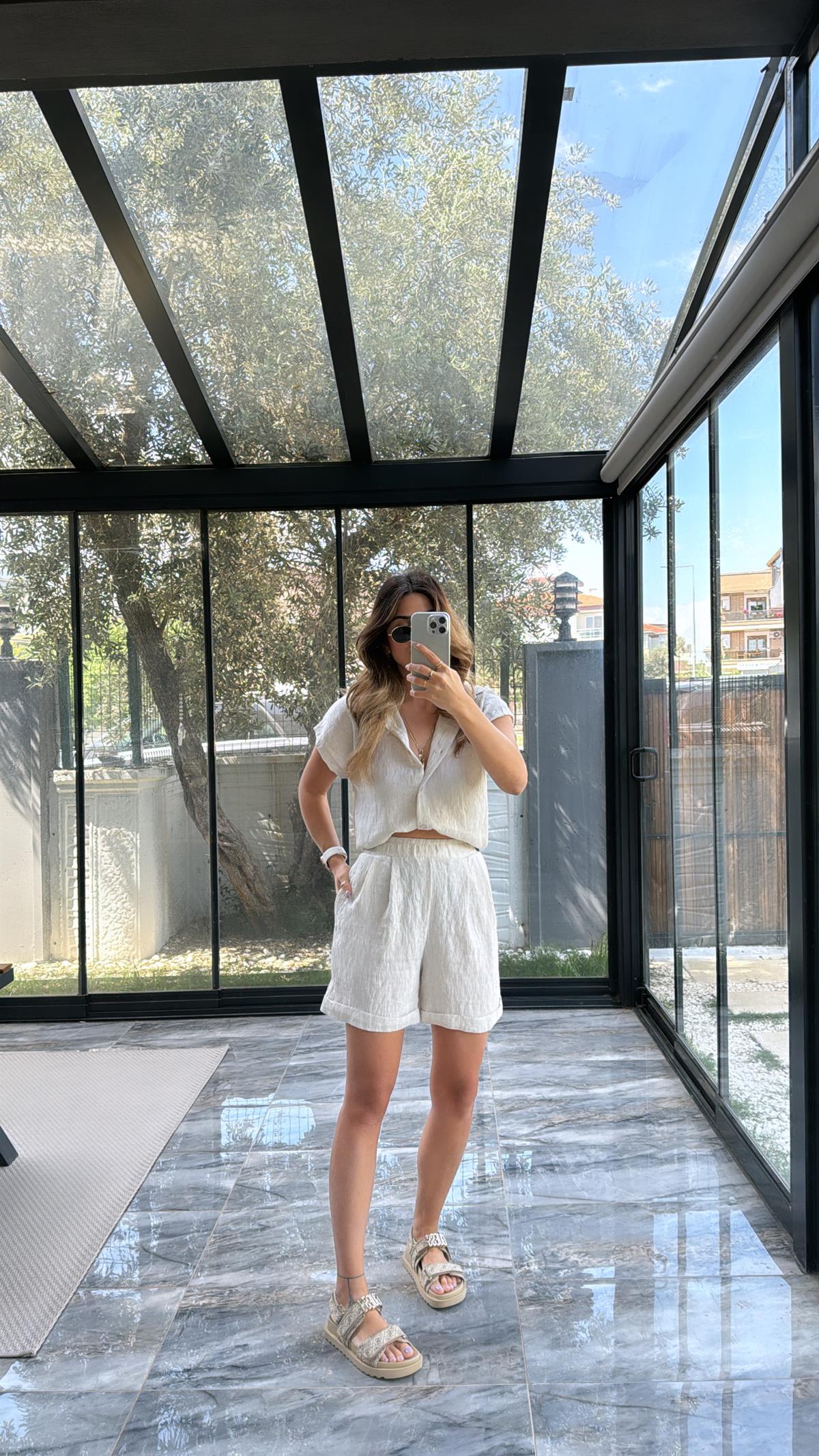 Taş Rengi Gömlek Şort Takım