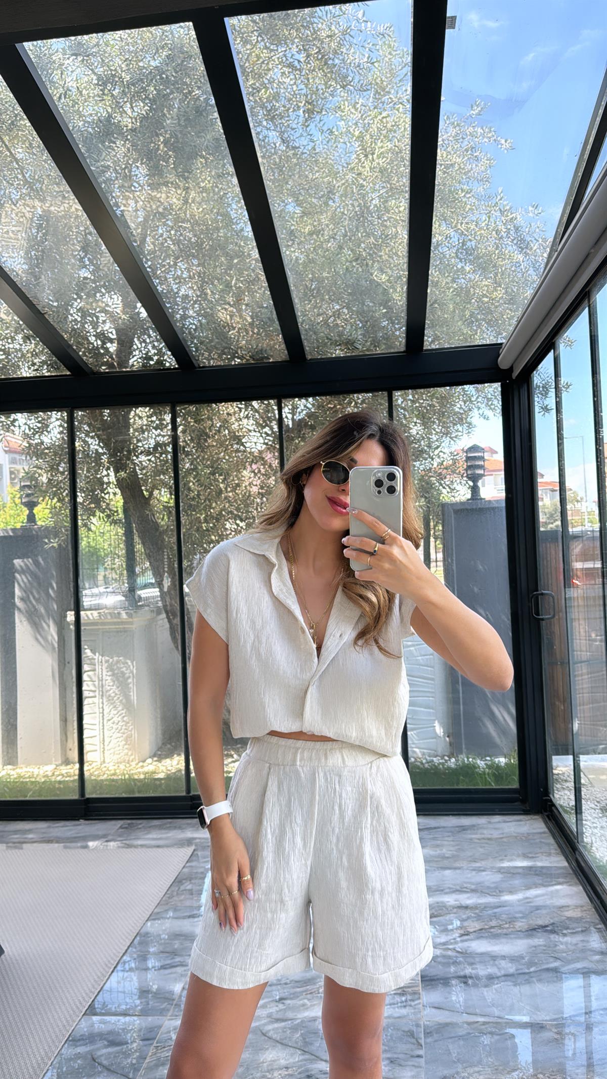 Taş Rengi Gömlek Şort Takım