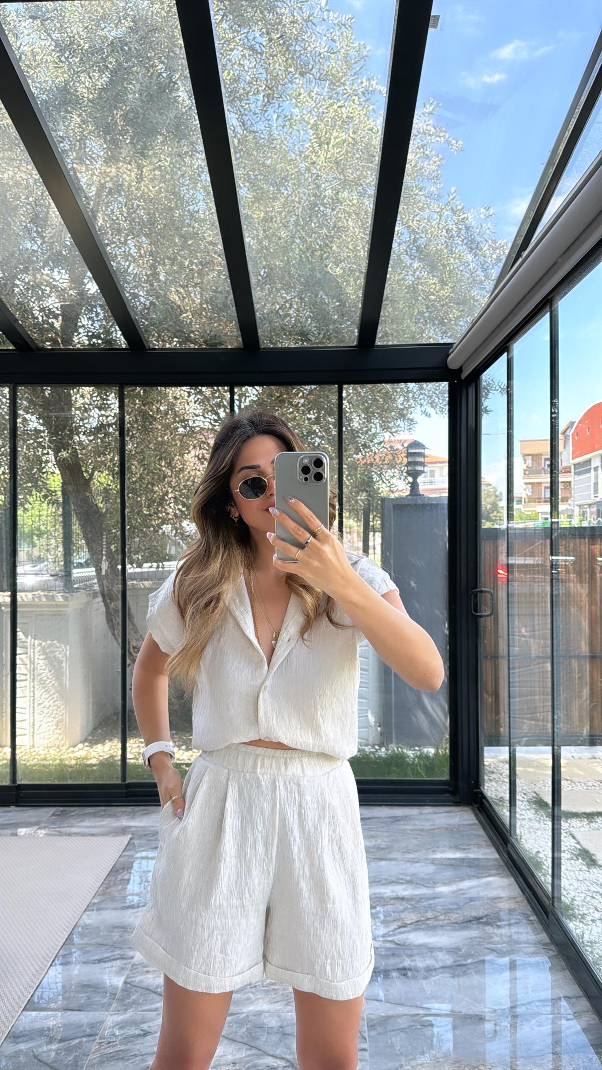 Taş Rengi Gömlek Şort Takım