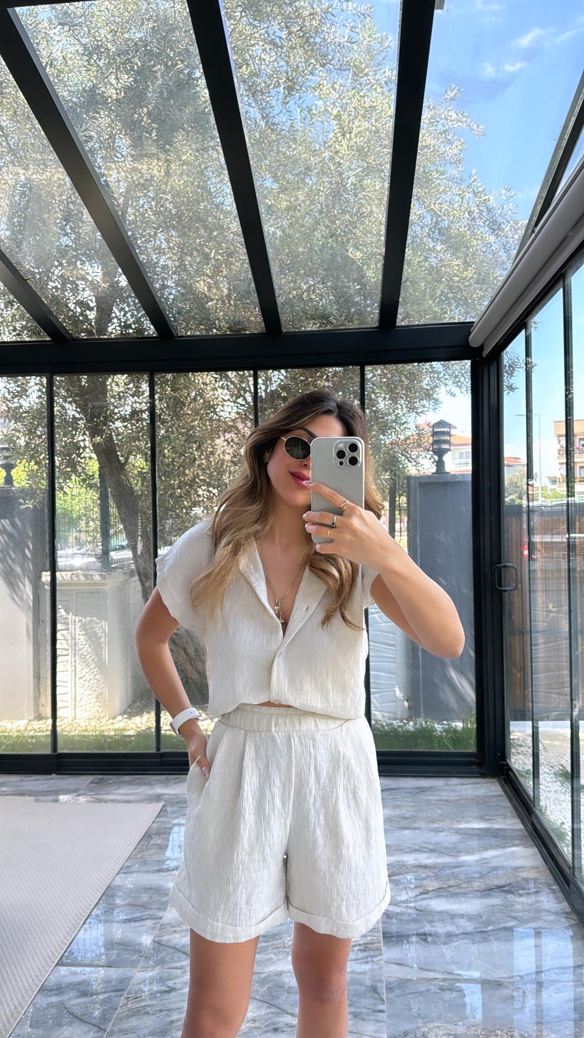 Taş Rengi Gömlek Şort Takım