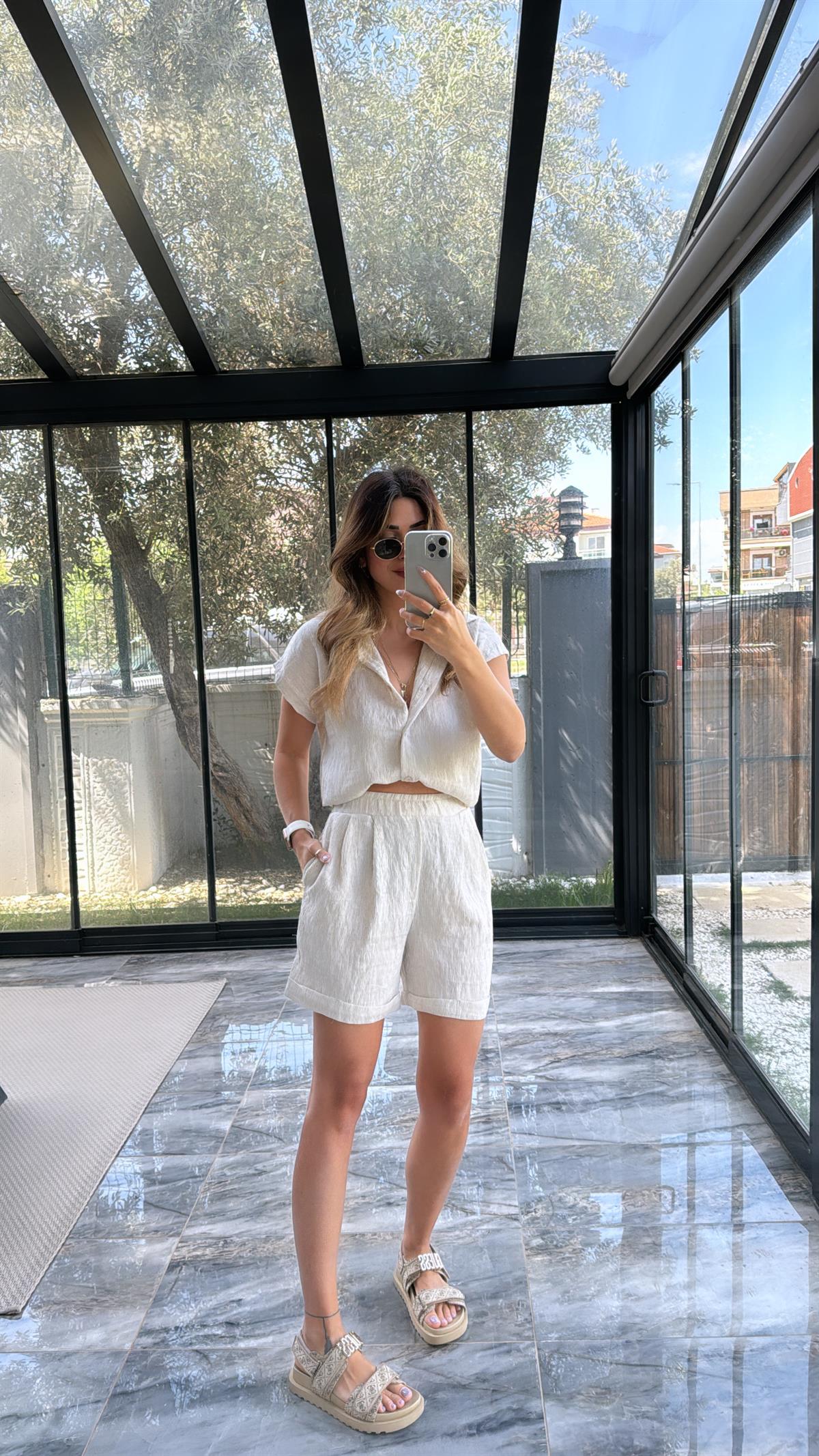 Taş Rengi Gömlek Şort Takım