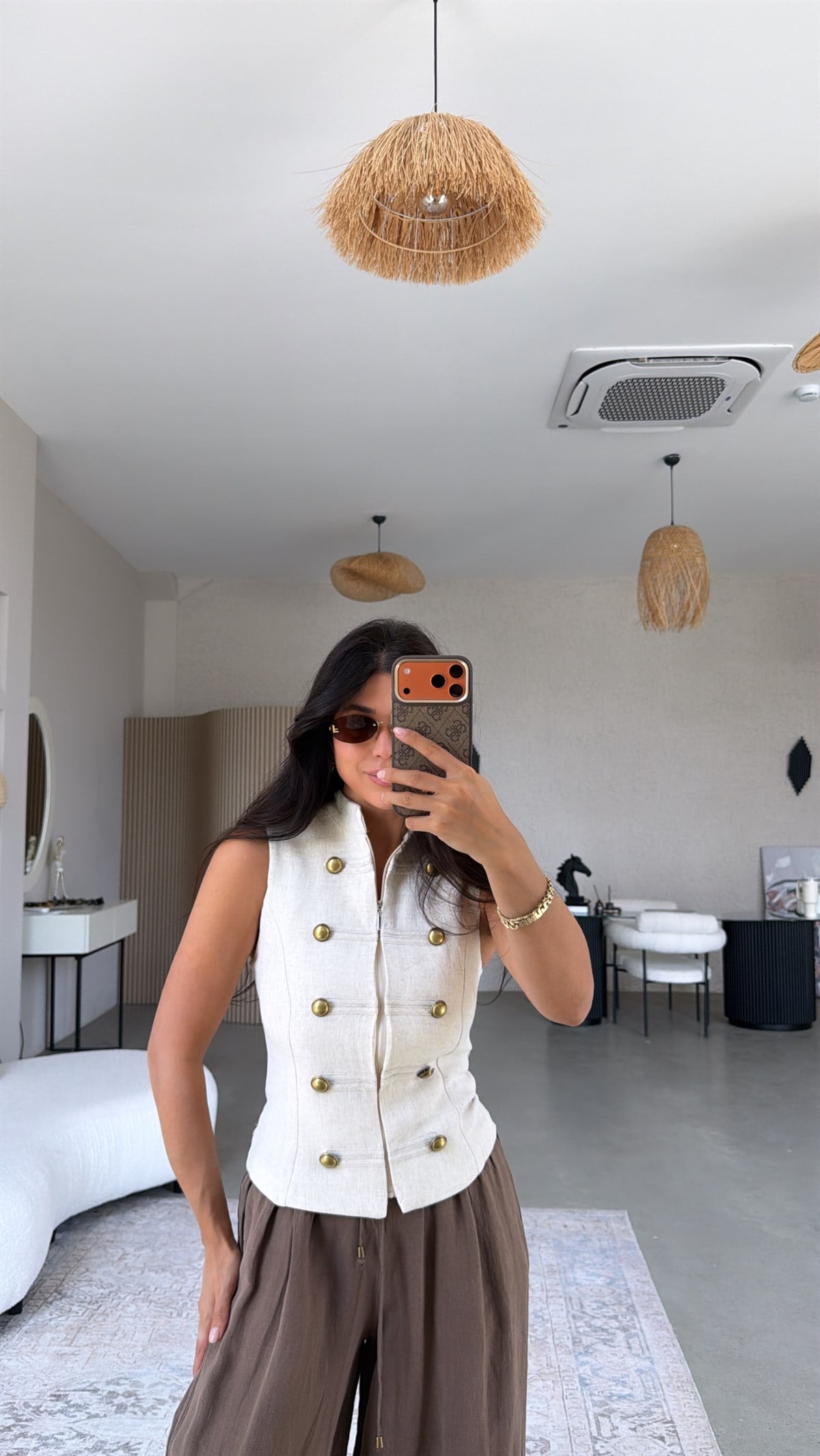 Taş Rengi Keten Düğmeli Fermuarlı ZR Model Bluz