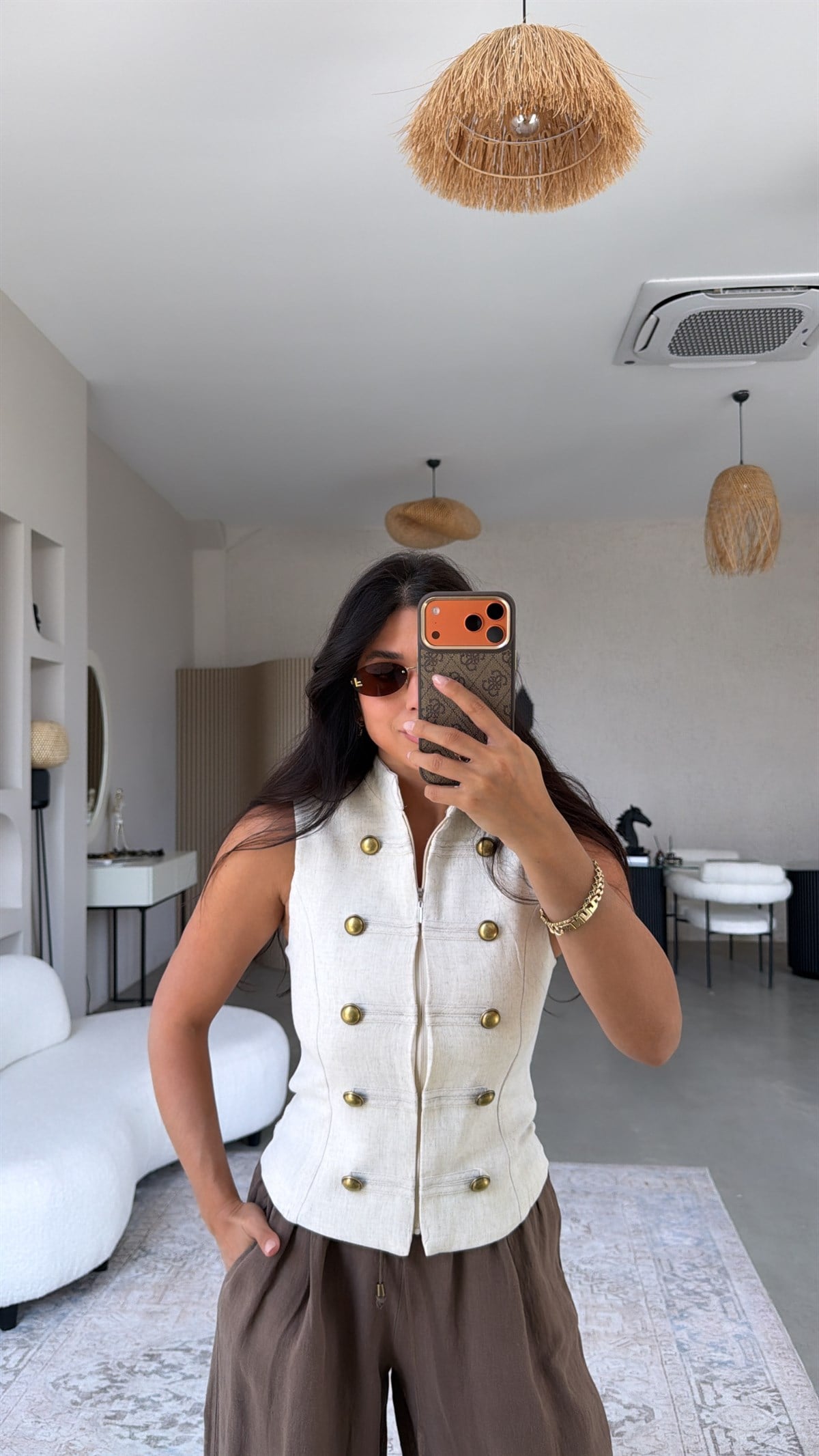 Taş Rengi Keten Düğmeli Fermuarlı ZR Model Bluz