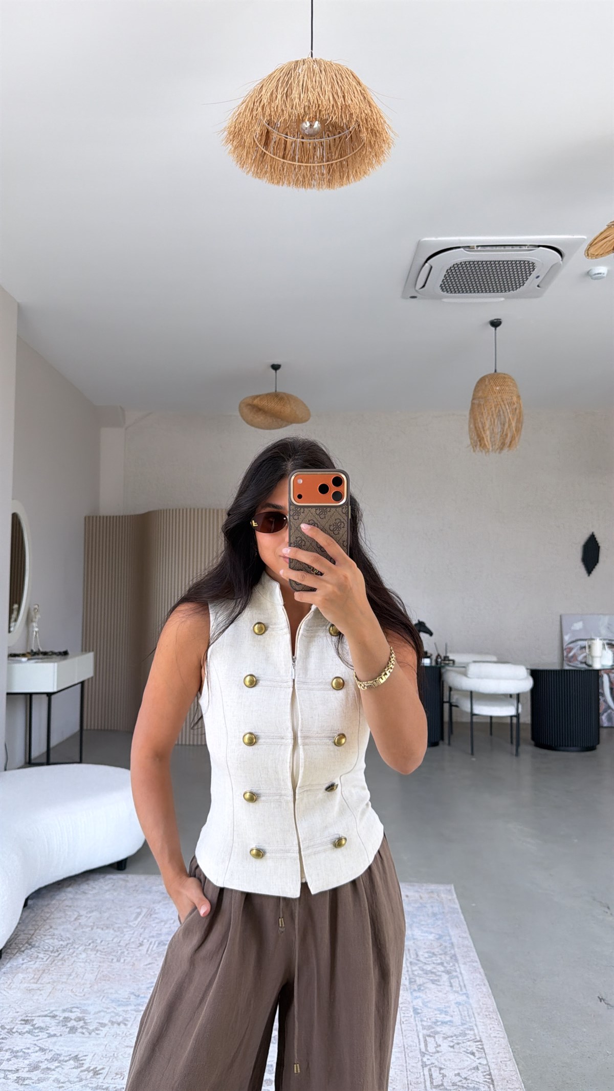 Taş Rengi Keten Düğmeli Fermuarlı ZR Model Bluz