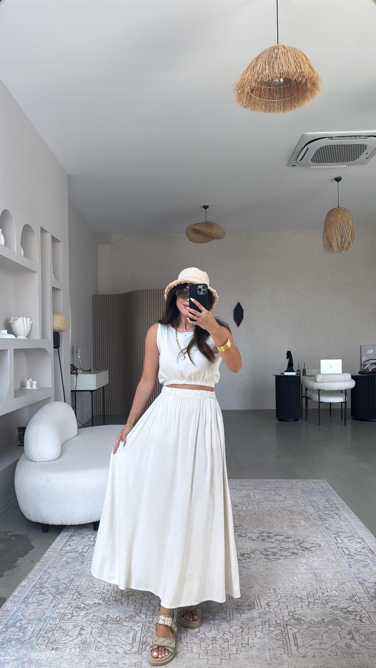 Taş Rengi Massi Keten Etek Bluz Takım