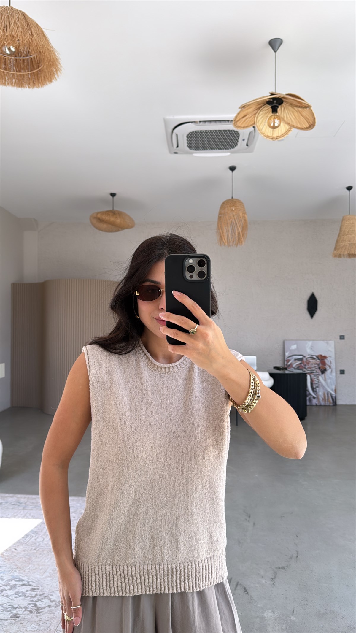 Taş Rengi Massi Kolsuz Triko Bluz