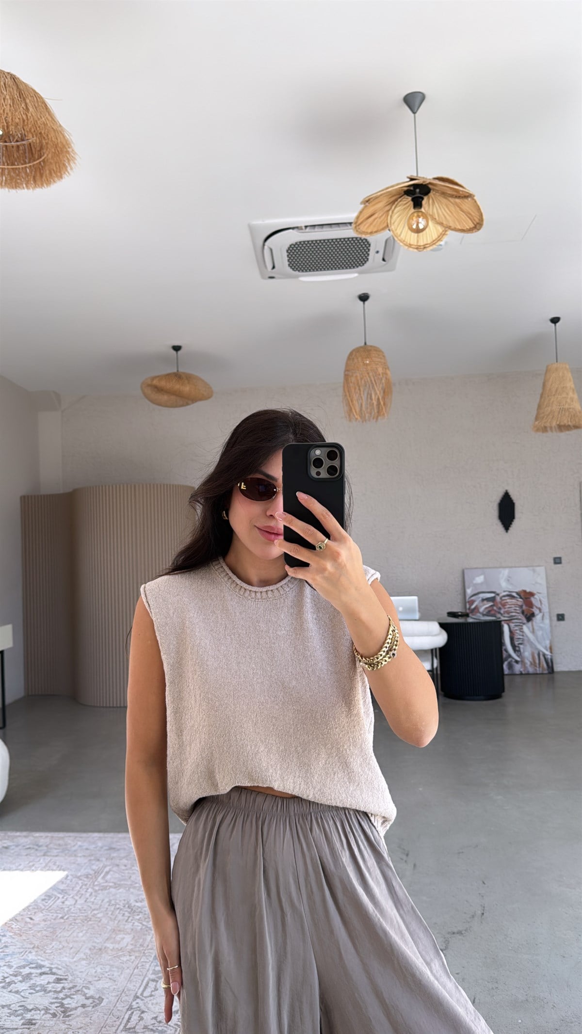 Taş Rengi Massi Kolsuz Triko Bluz