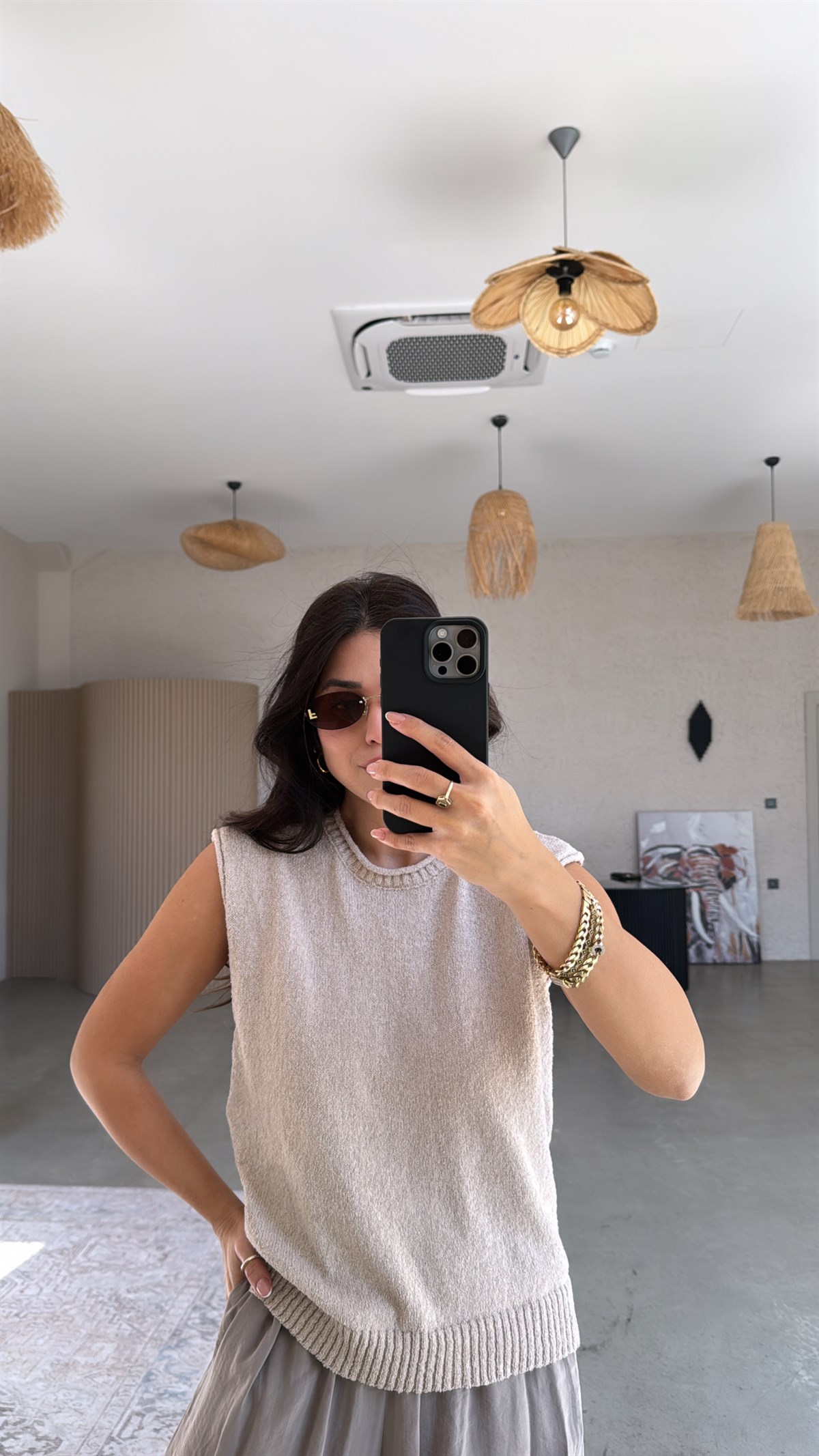 Taş Rengi Massi Kolsuz Triko Bluz