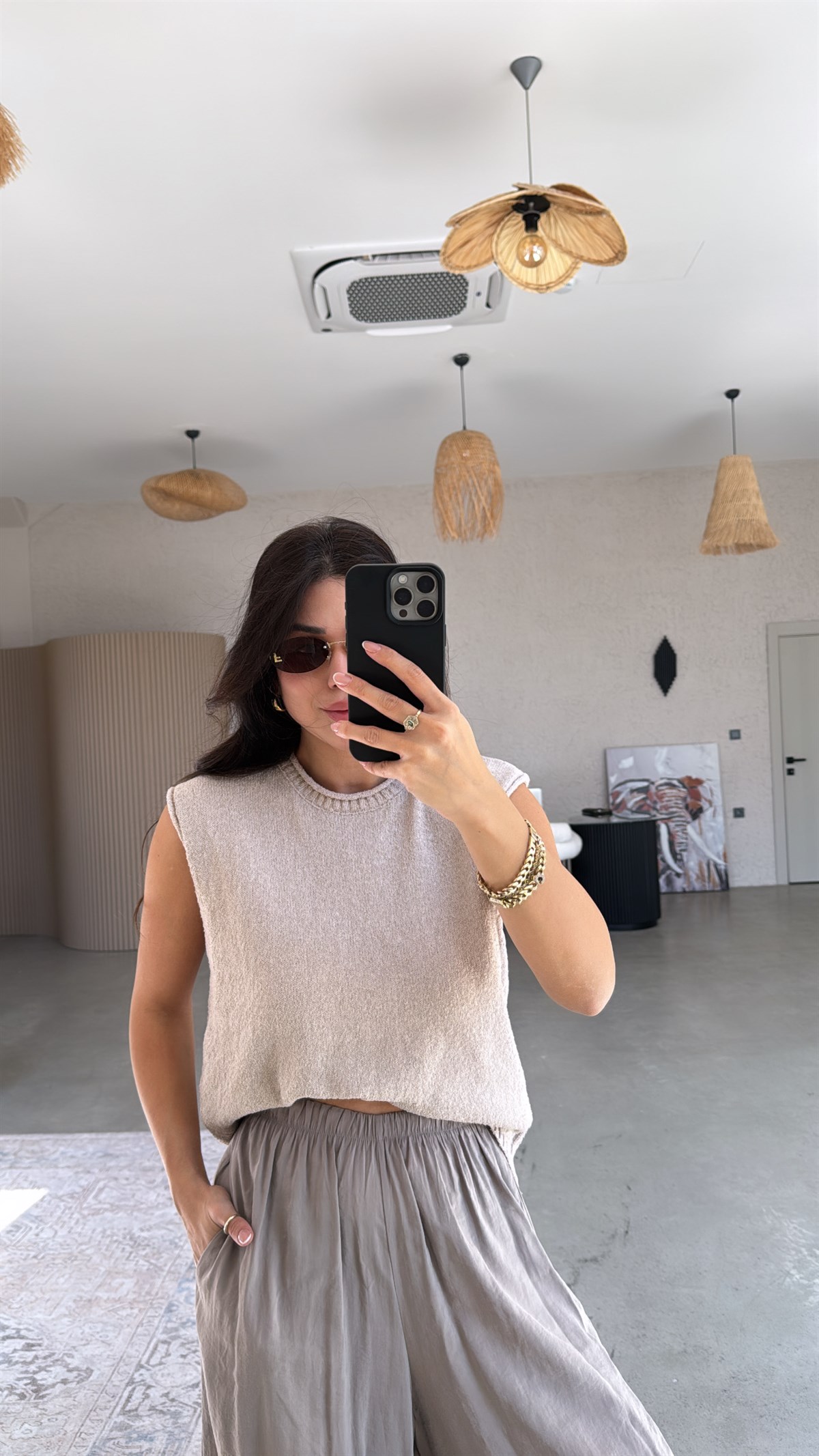 Taş Rengi Massi Kolsuz Triko Bluz