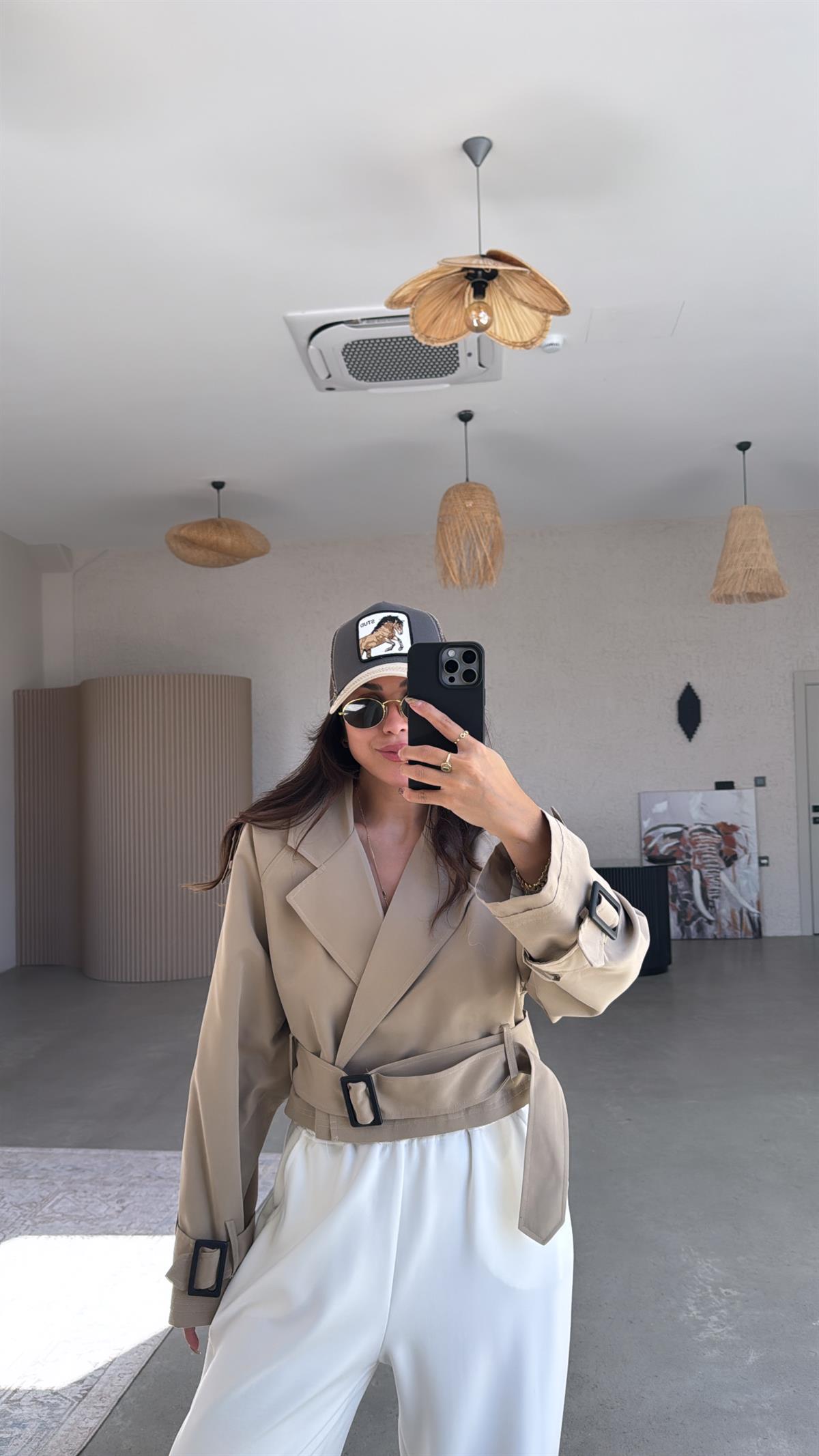 Taş Rengi Premium Kısa Trenç