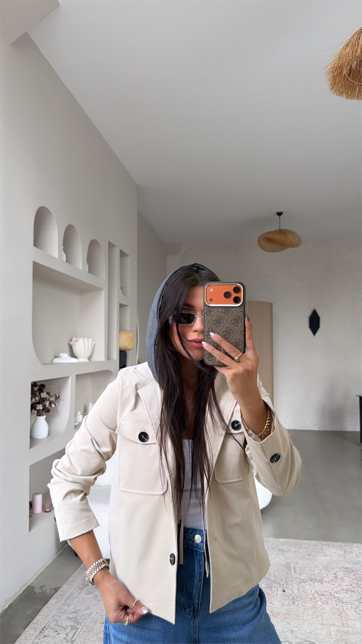 Taş Rengi Sweat Kapüşon Detaylı Ceket