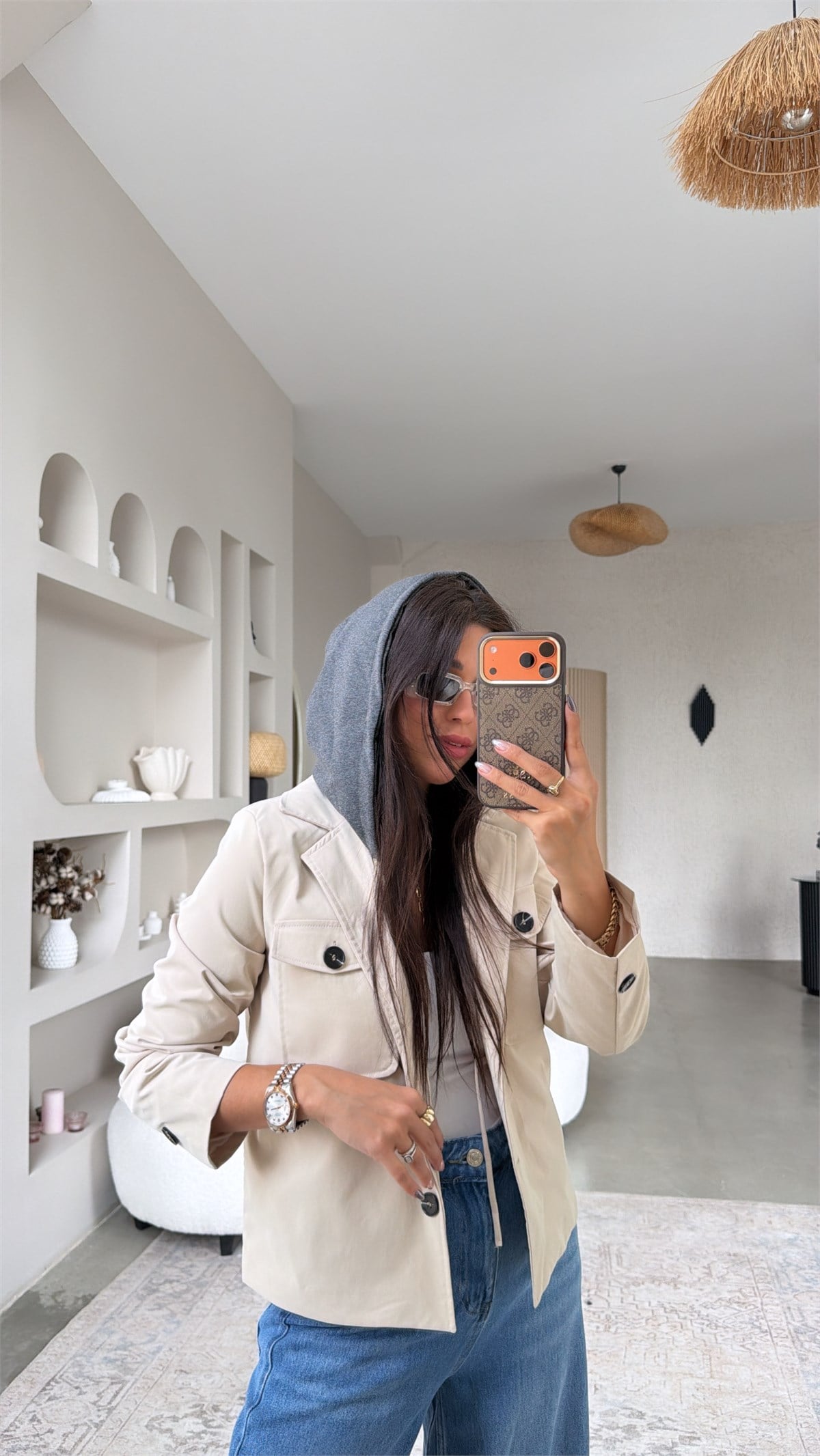 Taş Rengi Sweat Kapüşon Detaylı Ceket