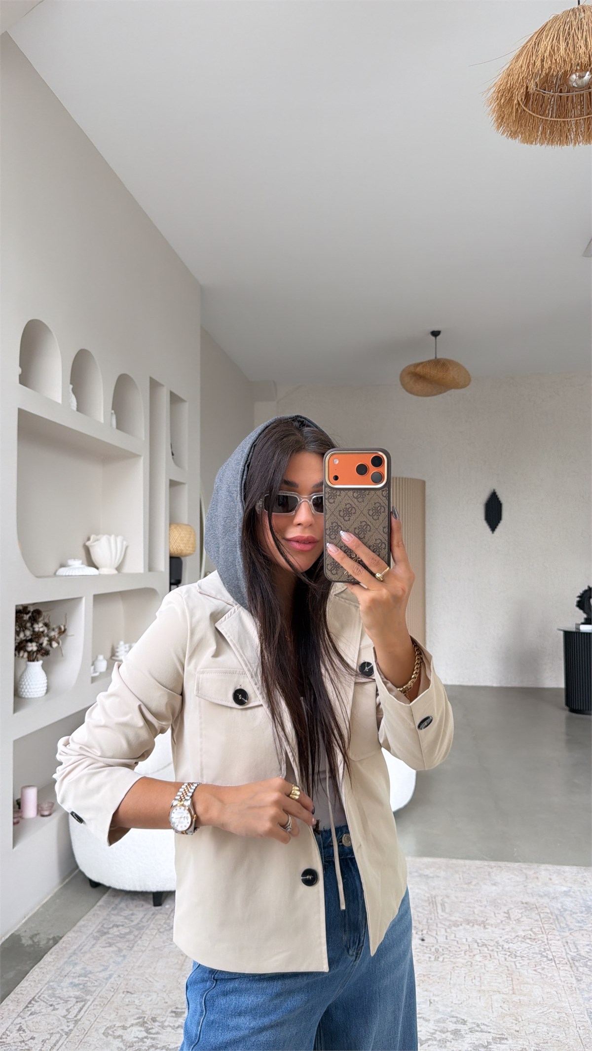 Taş Rengi Sweat Kapüşon Detaylı Ceket
