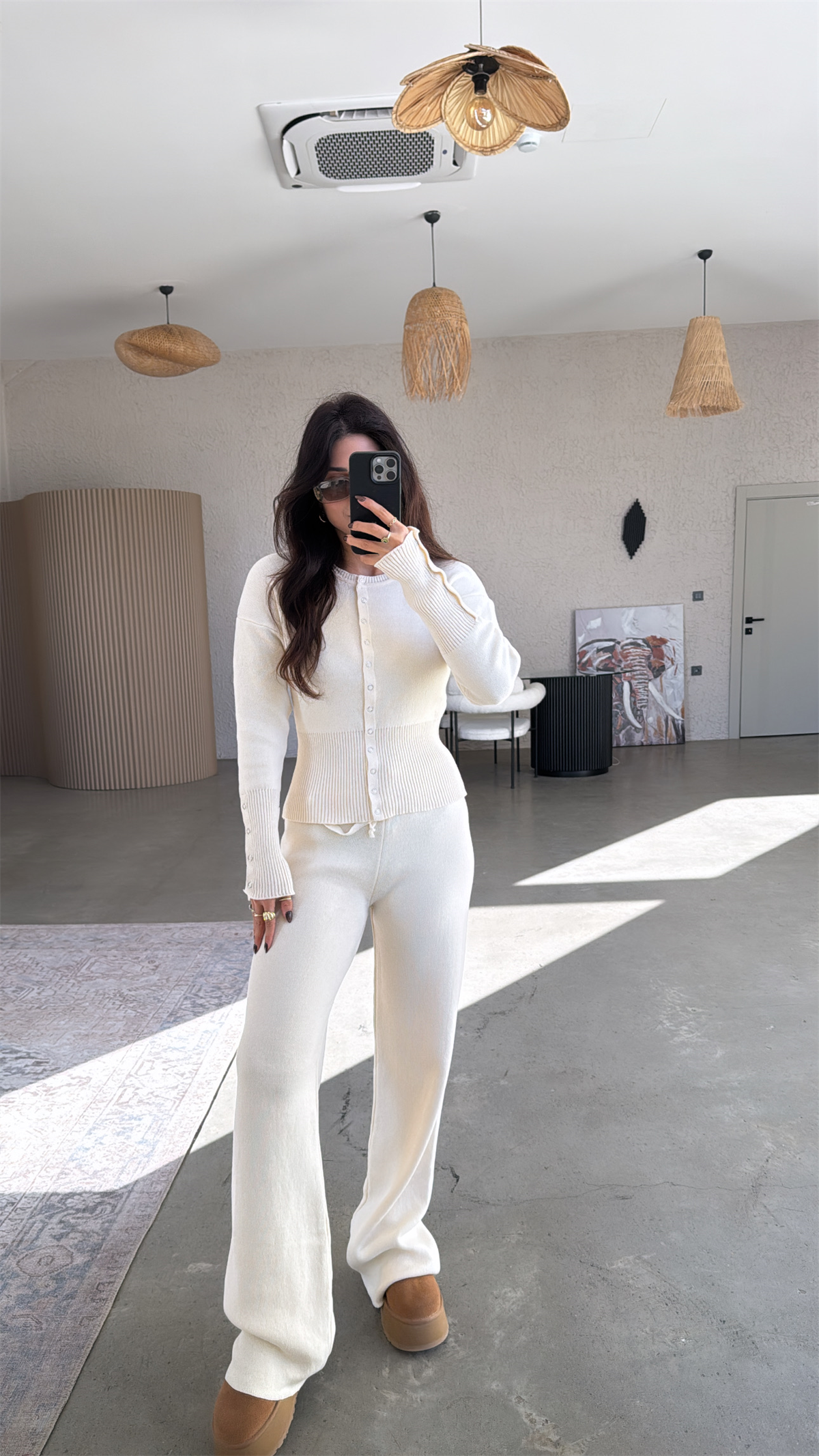 Taş Rengi Triko Çıtçıtlı Pantolon Hırka Takım