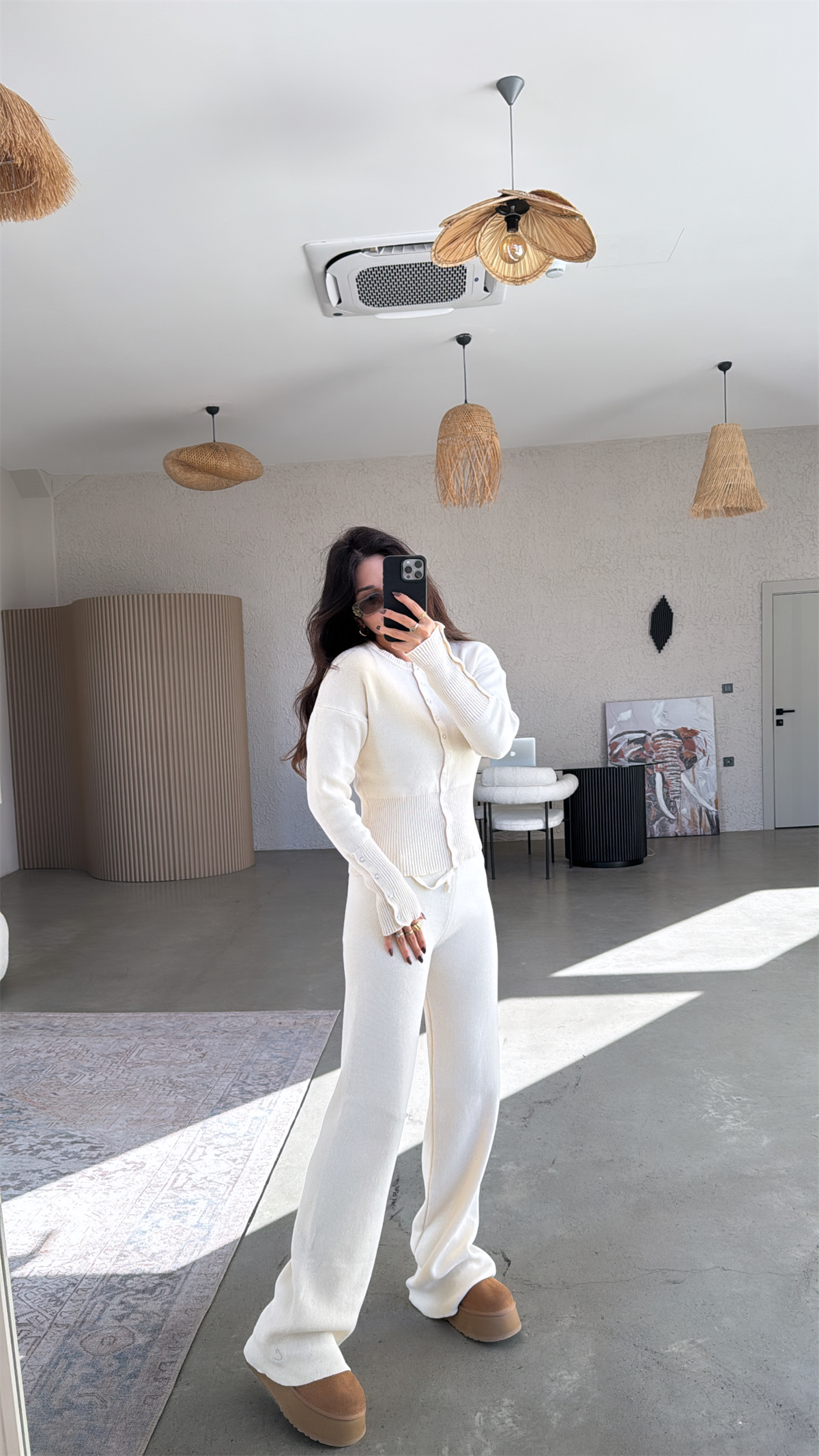 Taş Rengi Triko Çıtçıtlı Pantolon Hırka Takım