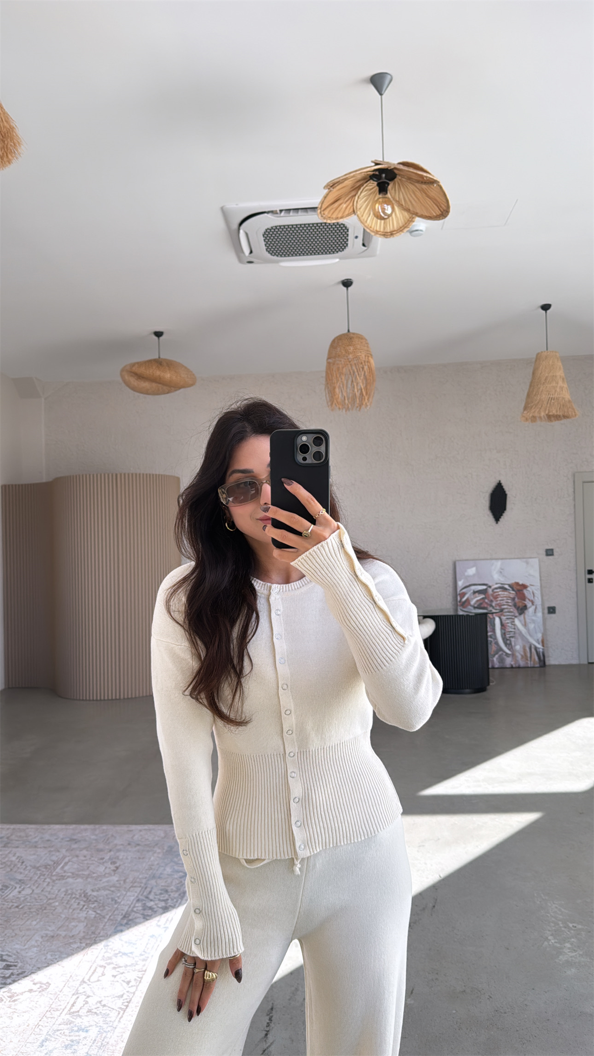 Taş Rengi Triko Çıtçıtlı Pantolon Hırka Takım