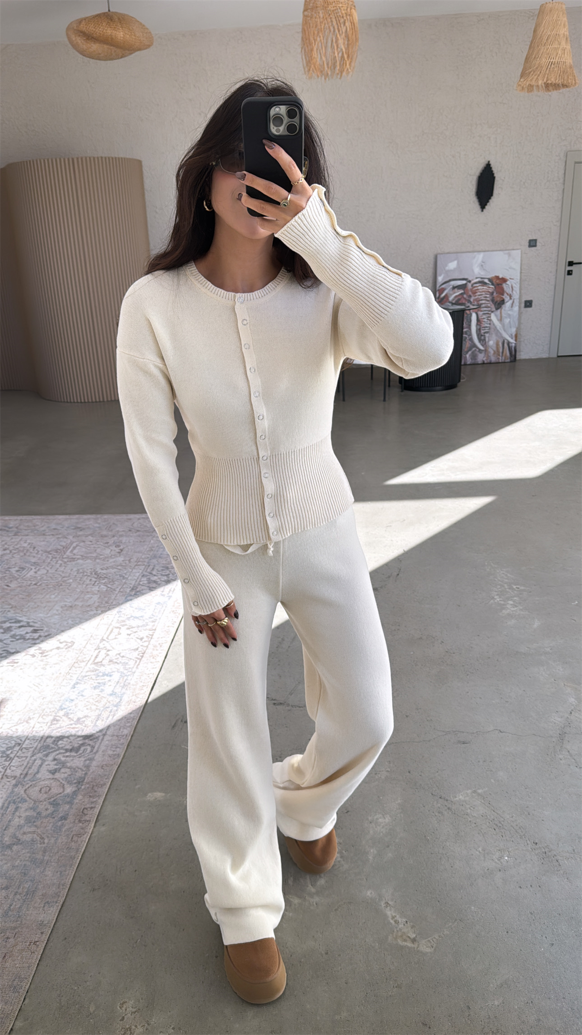 Taş Rengi Triko Çıtçıtlı Pantolon Hırka Takım