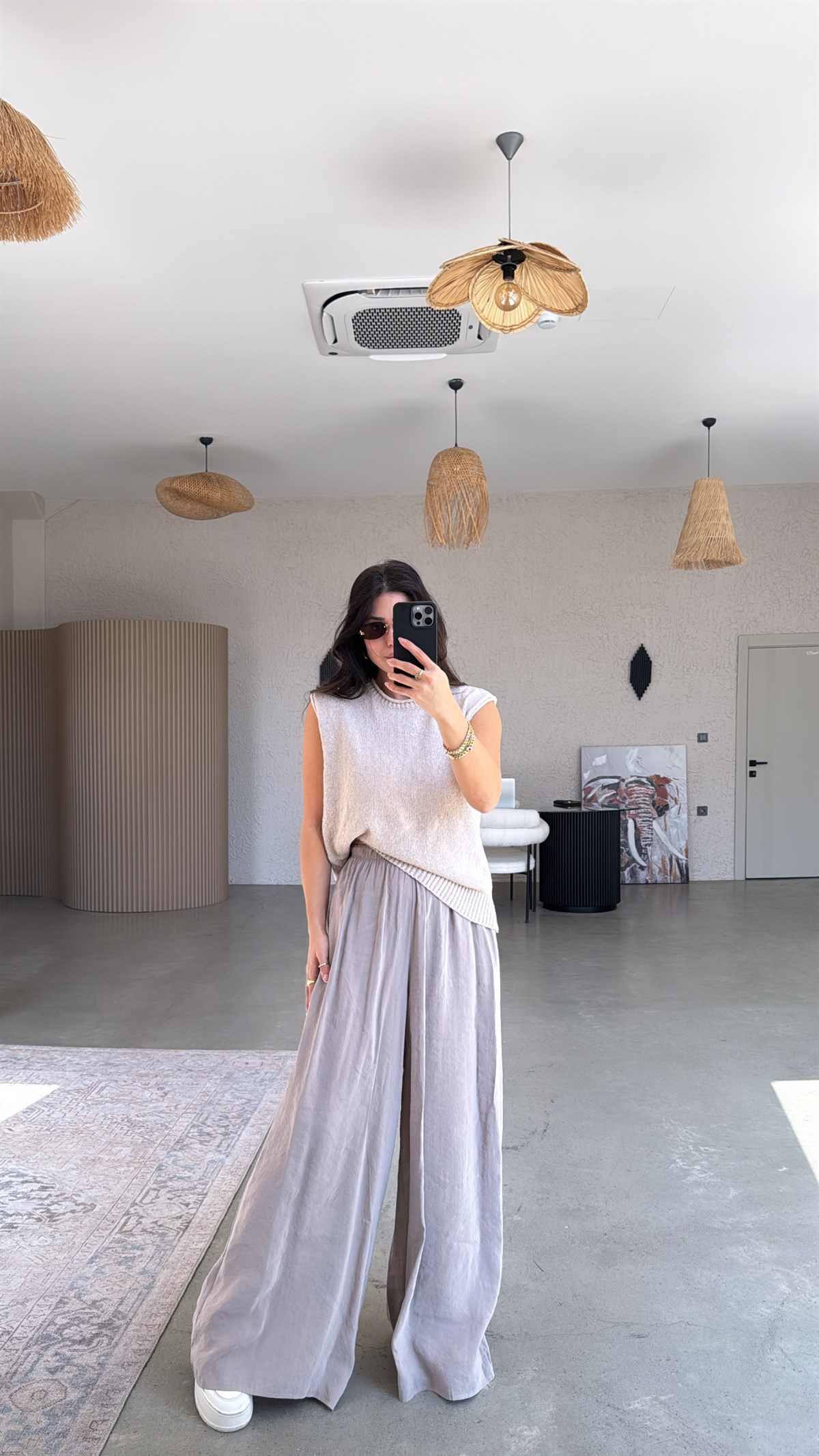 Taş Rengi Ultra Wide Leg Tensel Pantolon