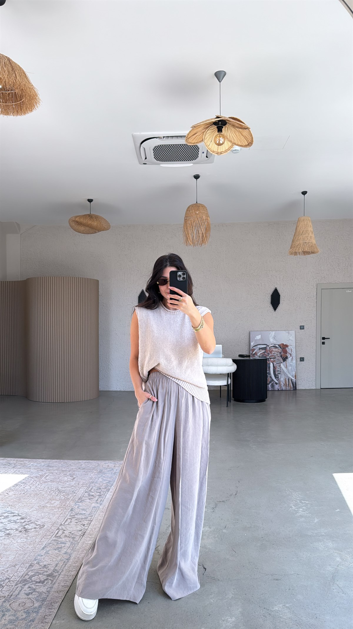 Taş Rengi Ultra Wide Leg Tensel Pantolon