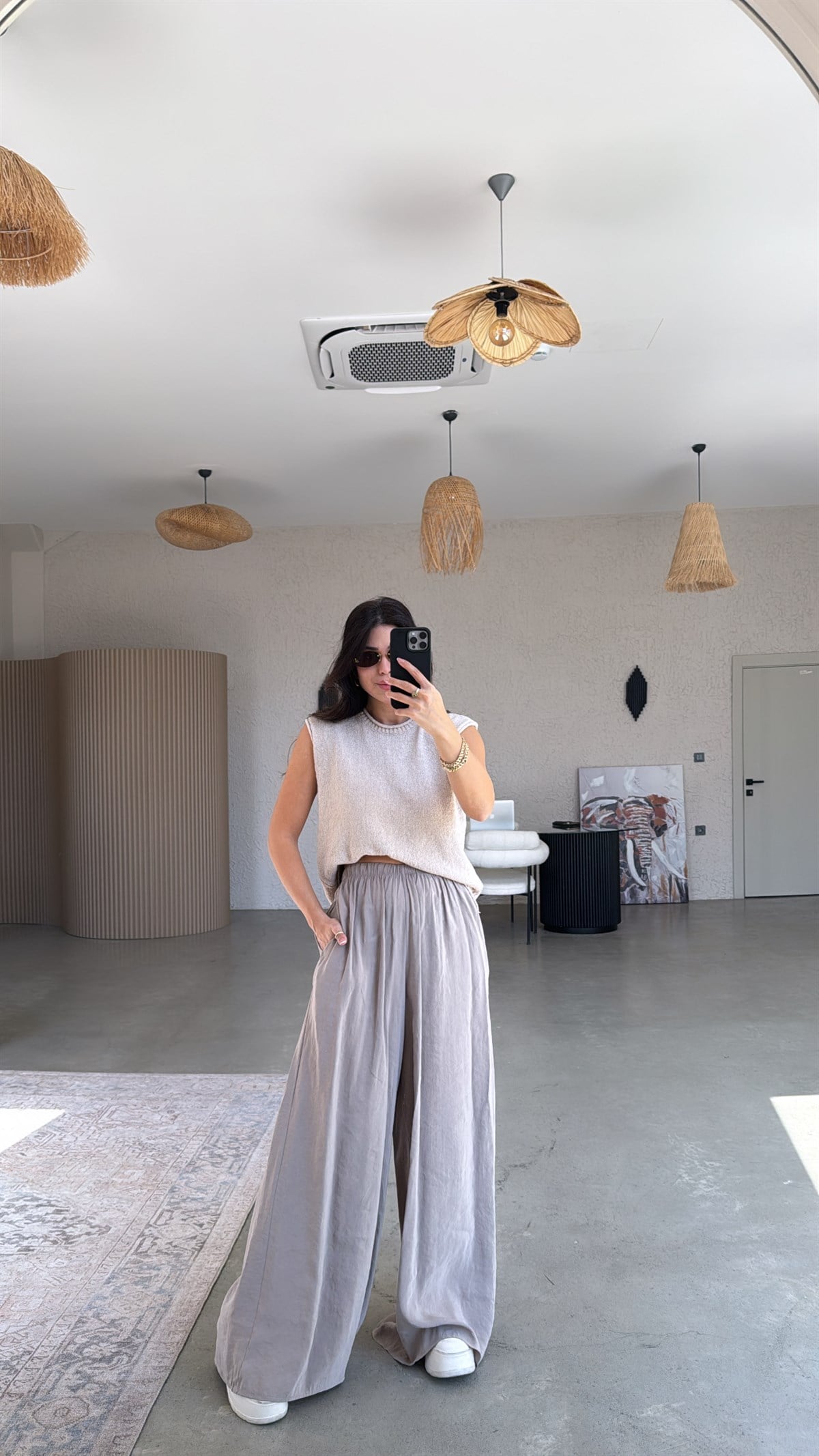 Taş Rengi Ultra Wide Leg Tensel Pantolon