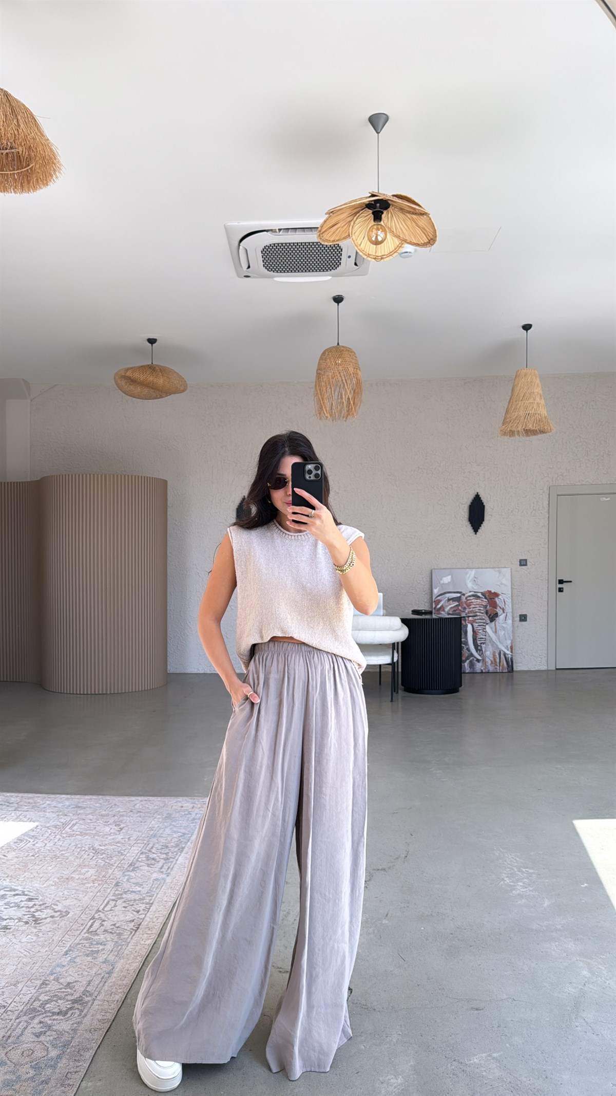 Taş Rengi Ultra Wide Leg Tensel Pantolon