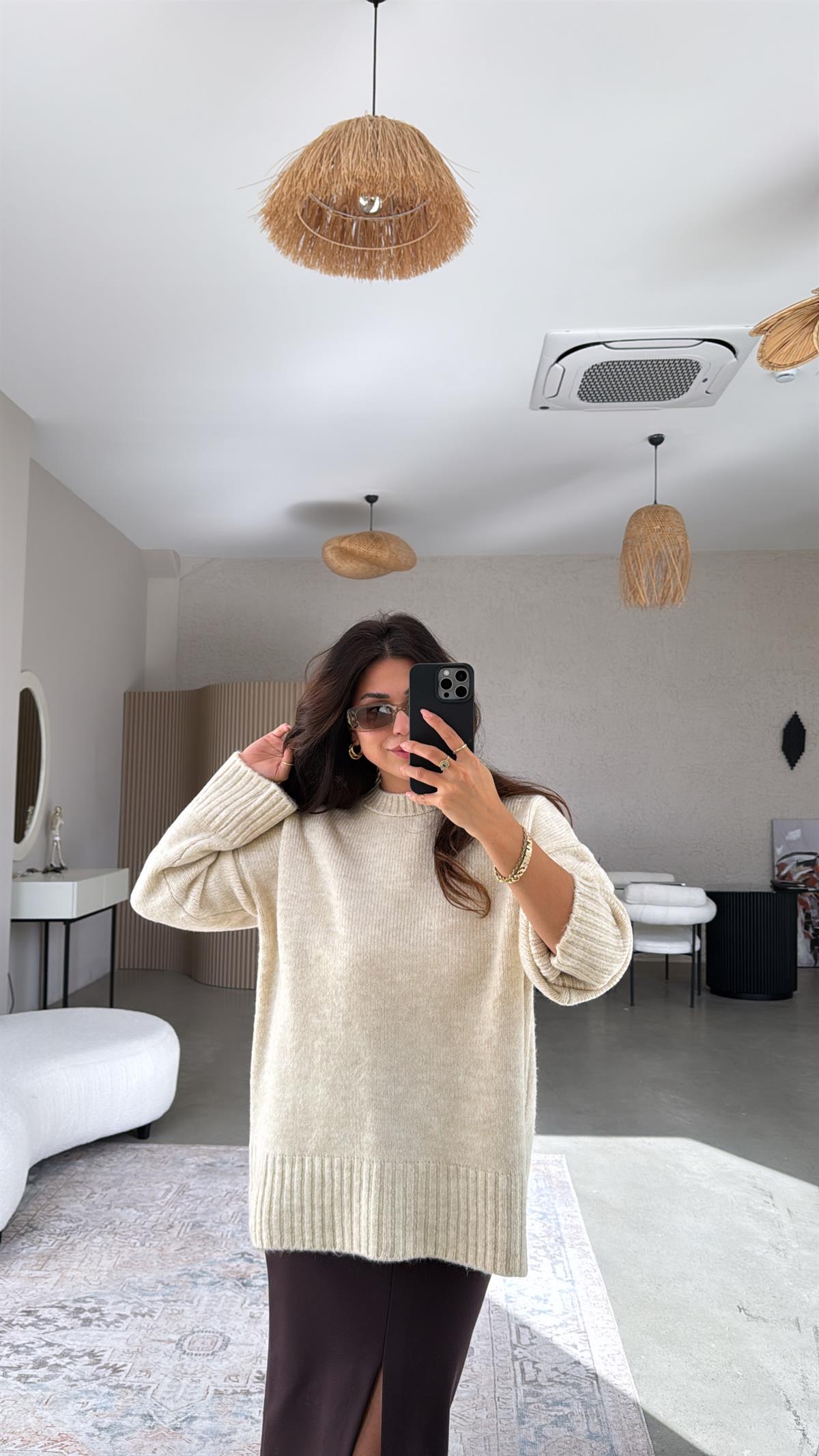 Taş Rengi Yumoş Bisiklet Yaka Basic Kazak