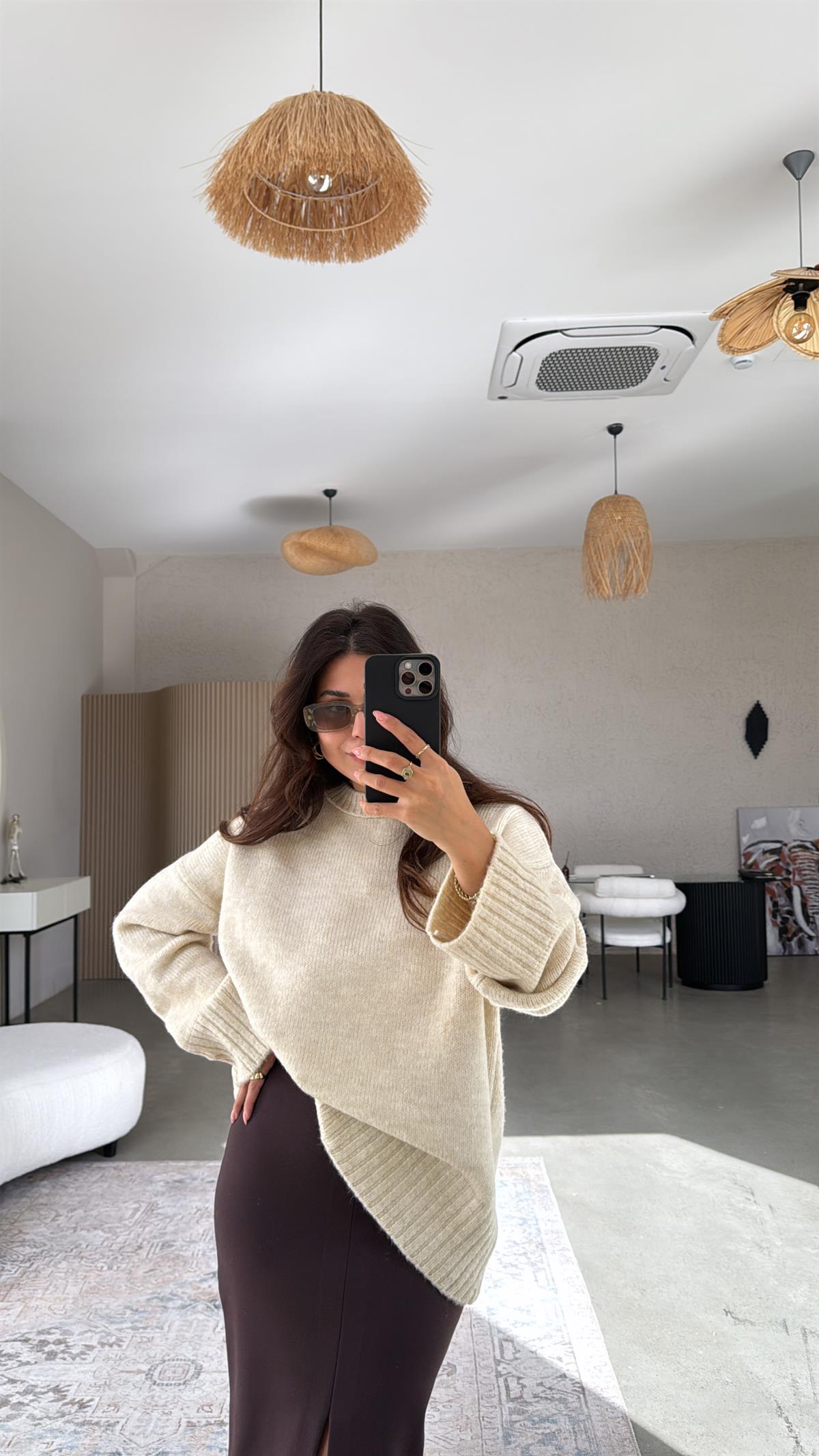 Taş Rengi Yumoş Bisiklet Yaka Basic Kazak