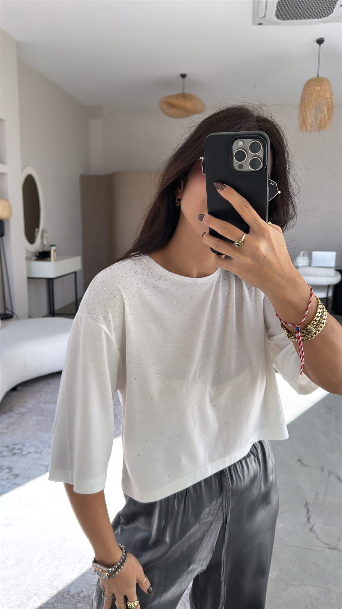 Taşlı Pamuklu Crop Tshirt