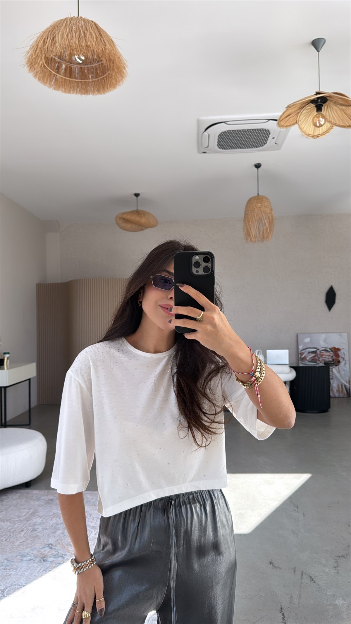 Taşlı Pamuklu Crop Tshirt