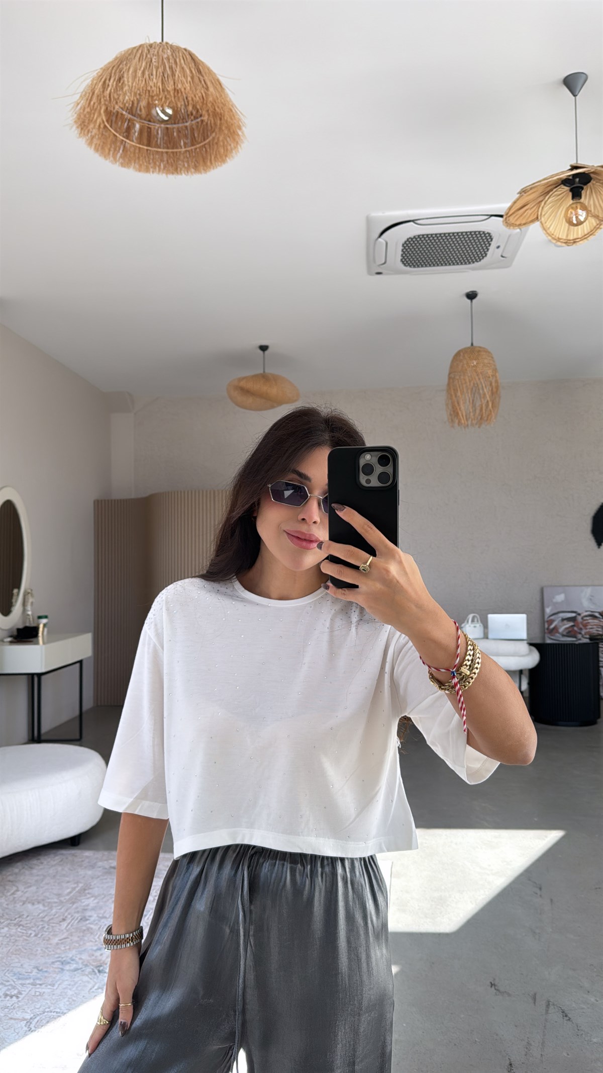 Taşlı Pamuklu Crop Tshirt