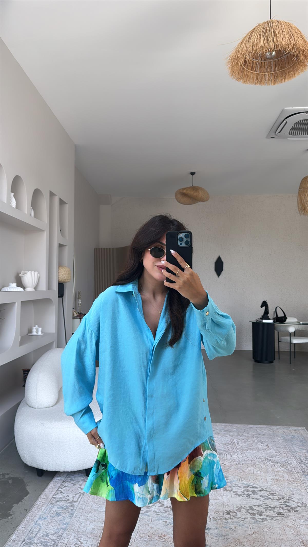 Turkuaz Gold Düğmeli Tensel Gömlek