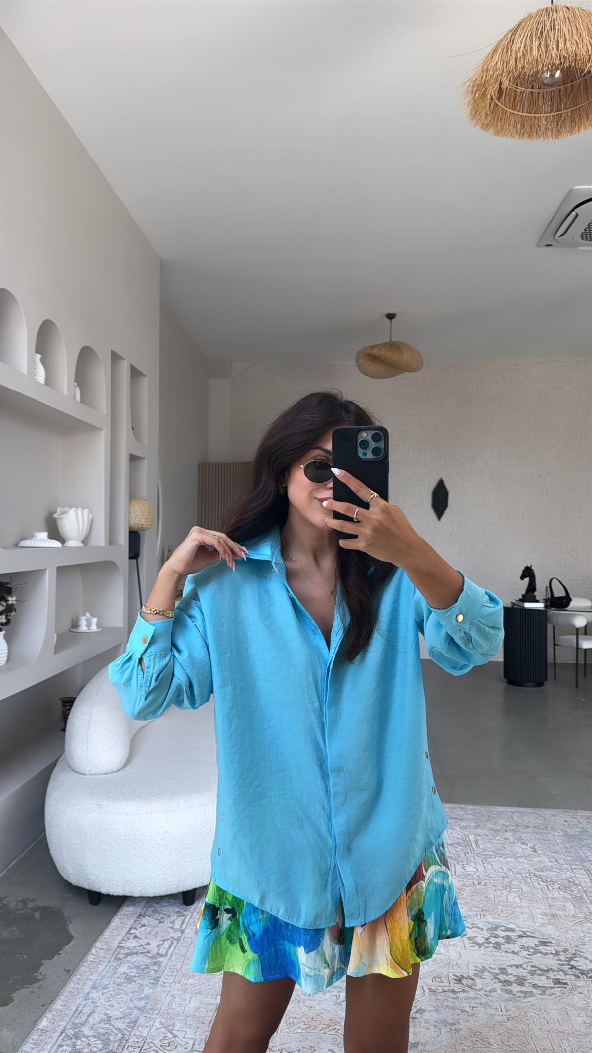 Turkuaz Gold Düğmeli Tensel Gömlek