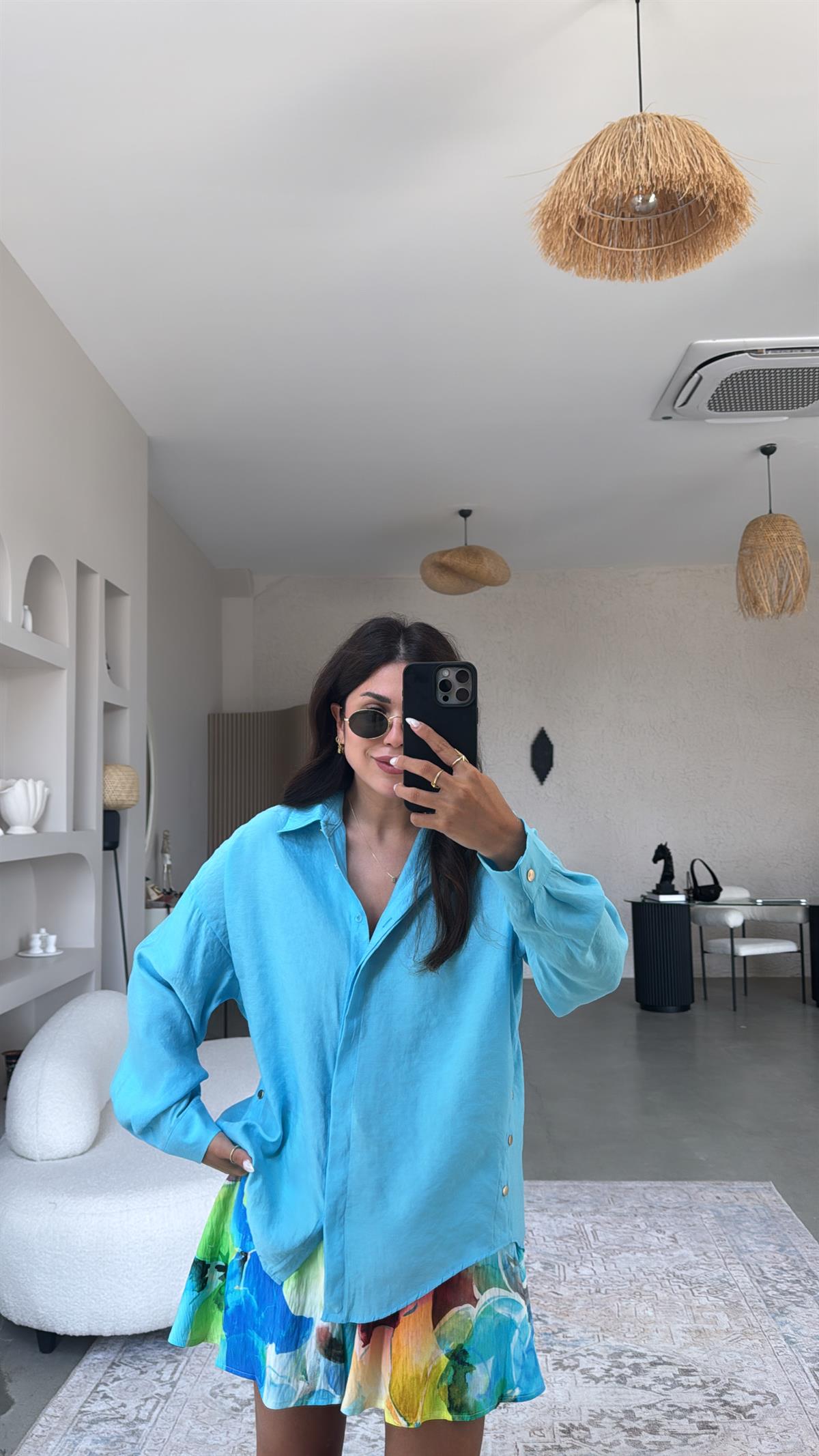 Turkuaz Gold Düğmeli Tensel Gömlek