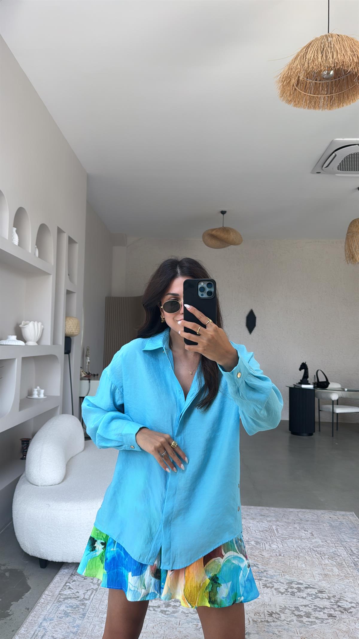 Turkuaz Gold Düğmeli Tensel Gömlek