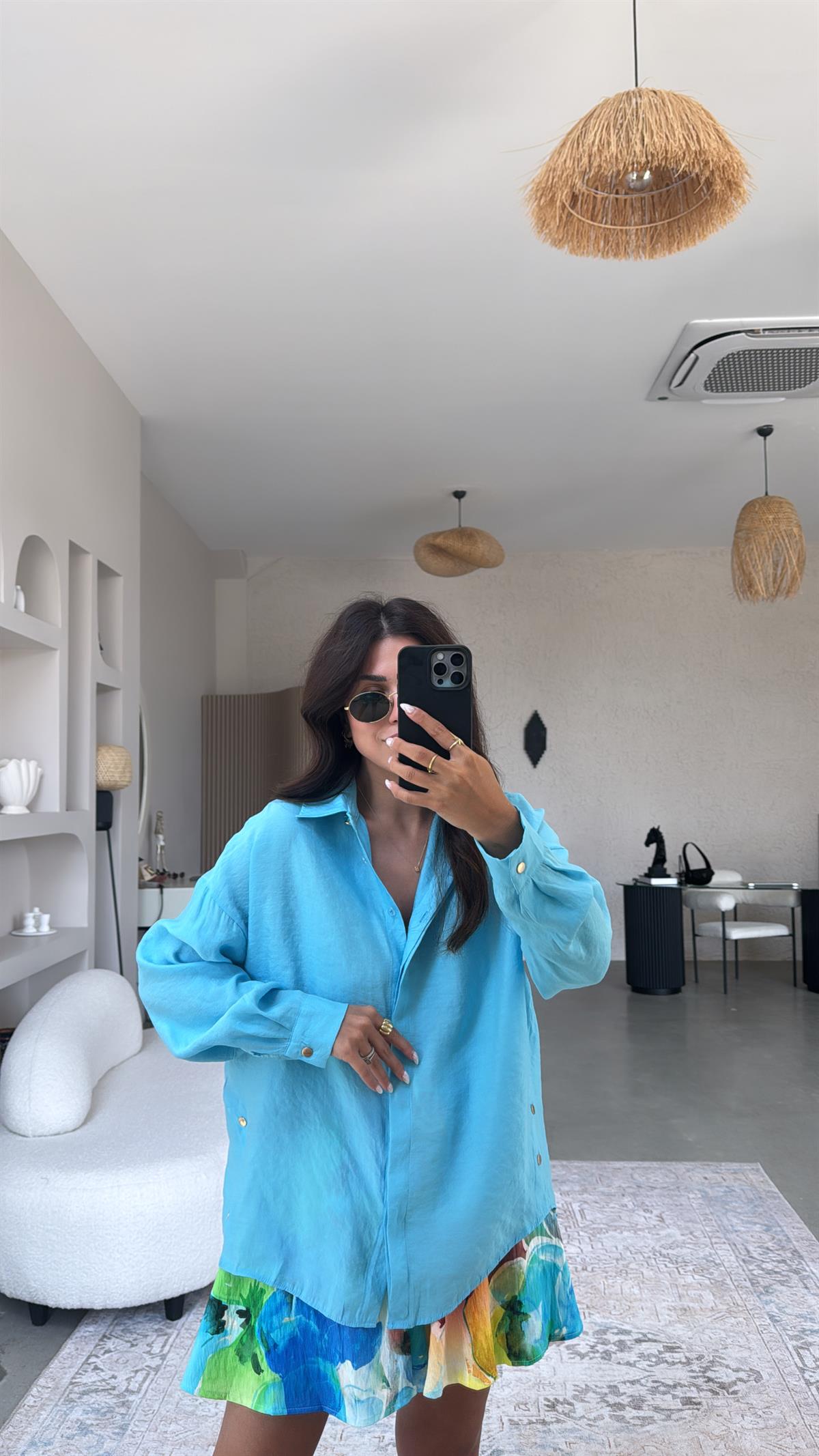 Turkuaz Gold Düğmeli Tensel Gömlek