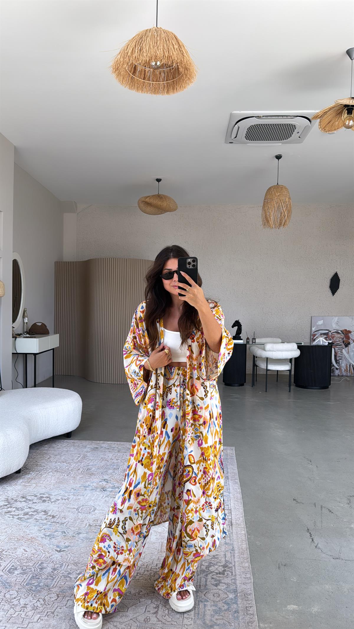 Turuncu Desenli Kimono Pantolon Takım