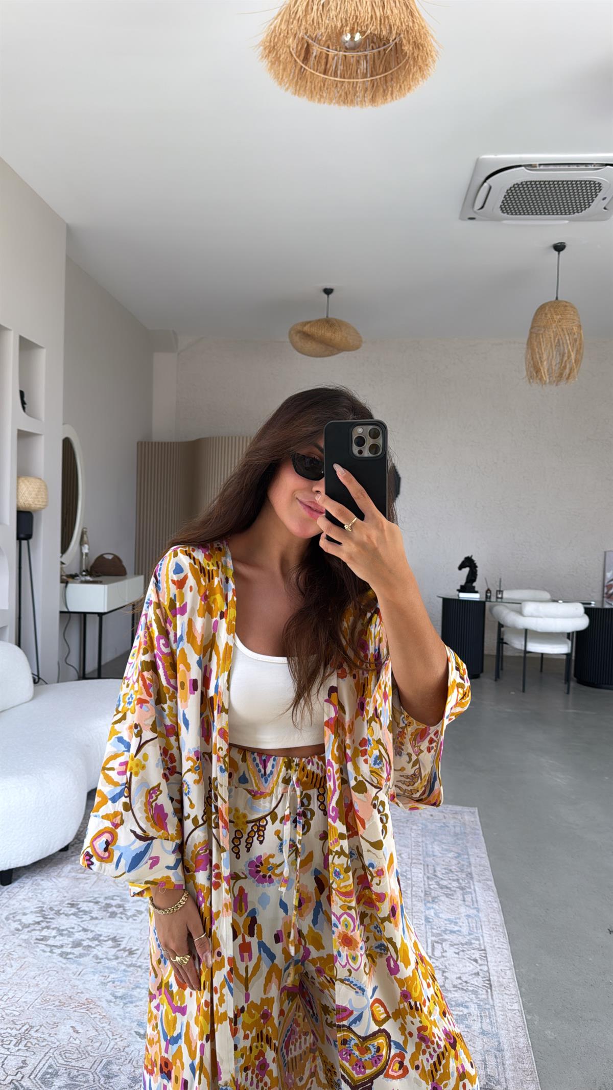 Turuncu Desenli Kimono Pantolon Takım