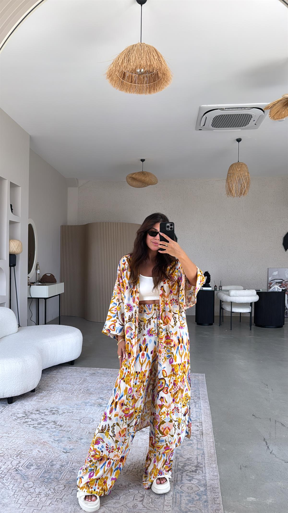 Turuncu Desenli Kimono Pantolon Takım