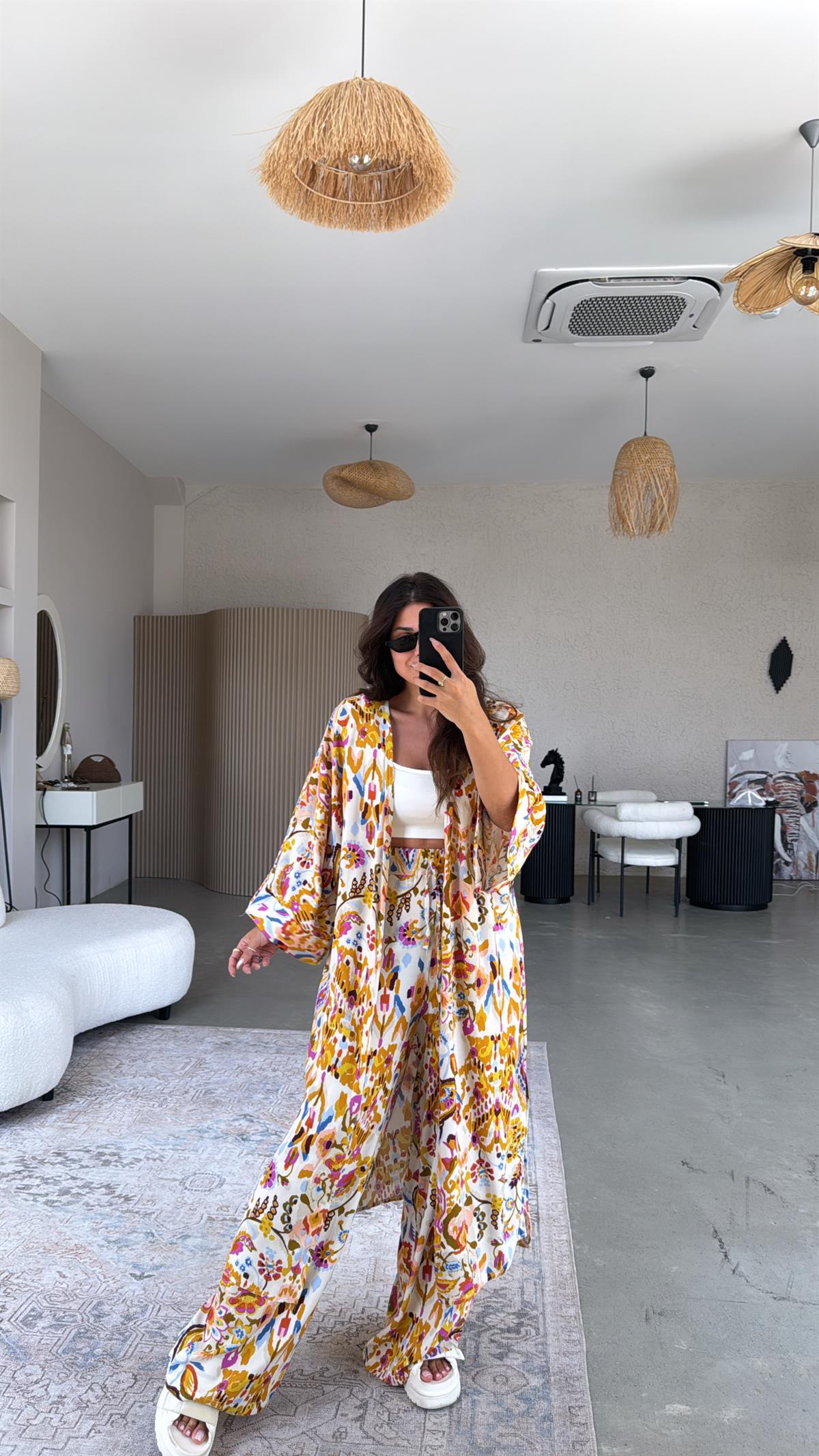 Turuncu Desenli Kimono Pantolon Takım