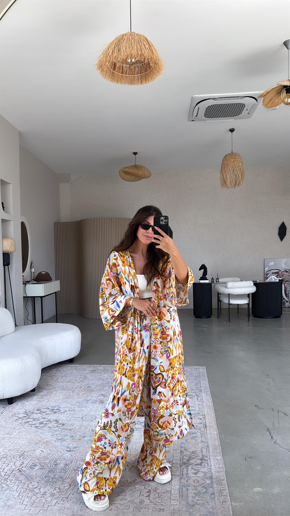 Turuncu Desenli Kimono Pantolon Takım