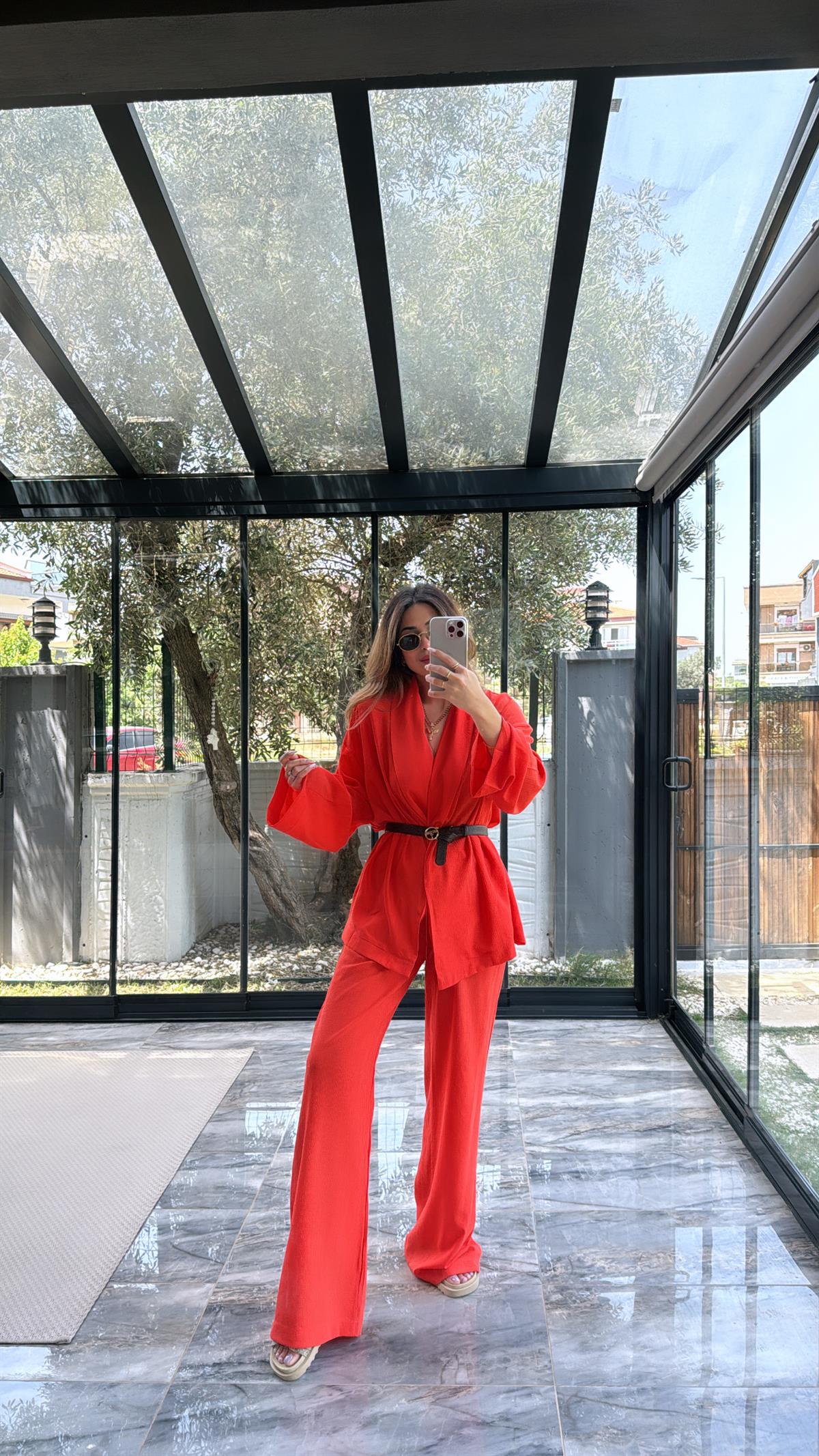 Turuncu Şal Yaka Kimono Takım