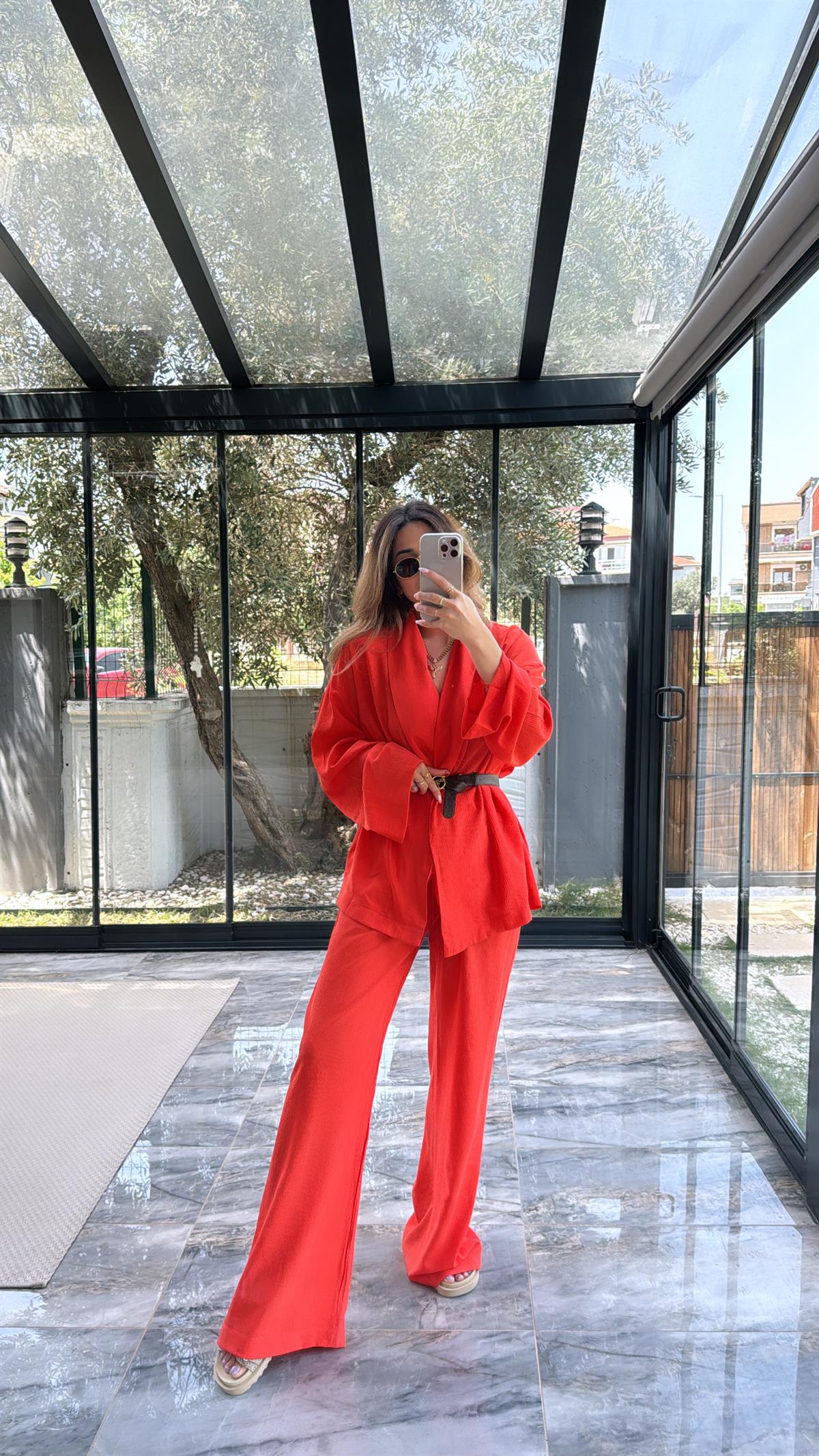 Turuncu Şal Yaka Kimono Takım