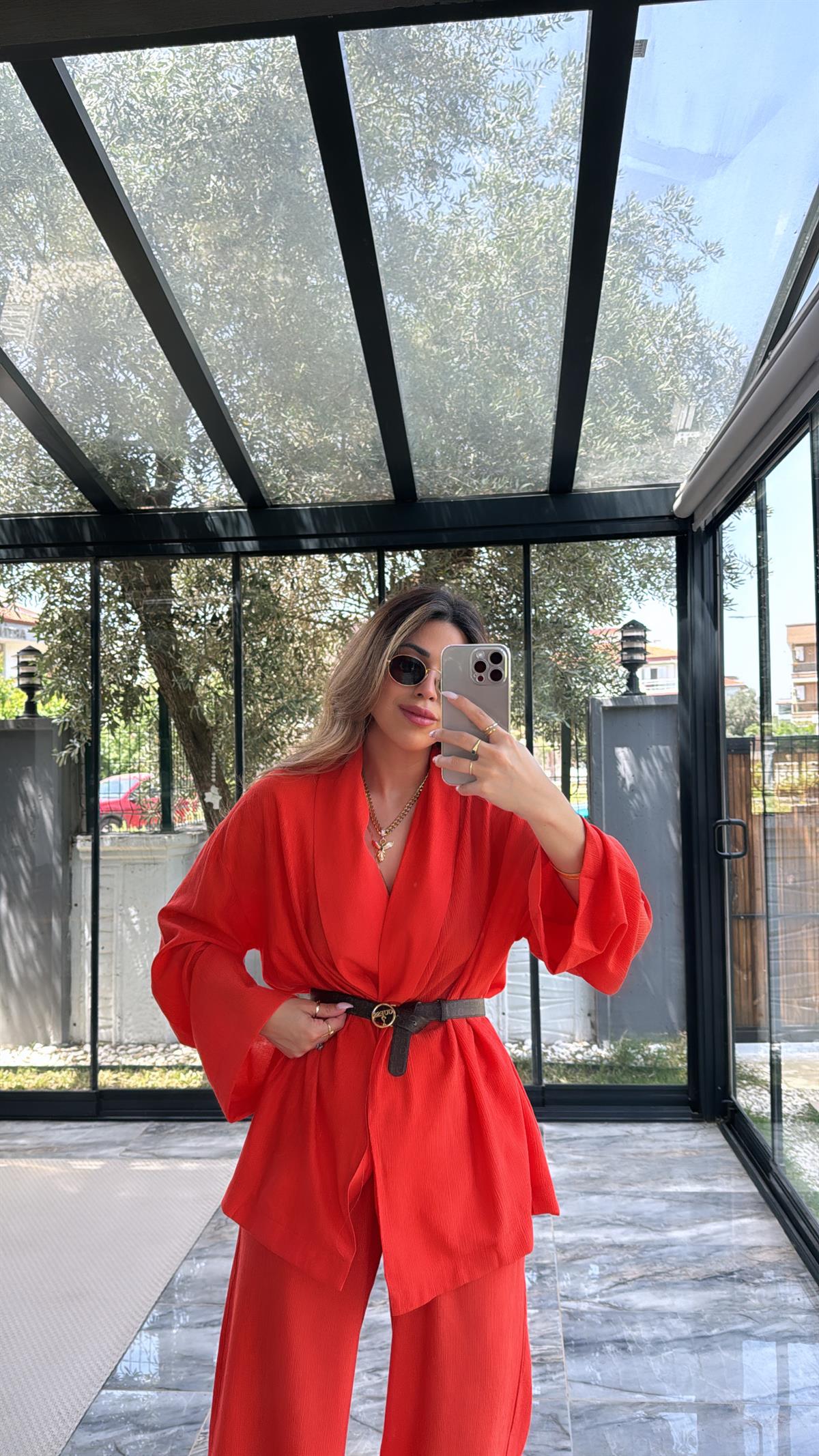 Turuncu Şal Yaka Kimono Takım