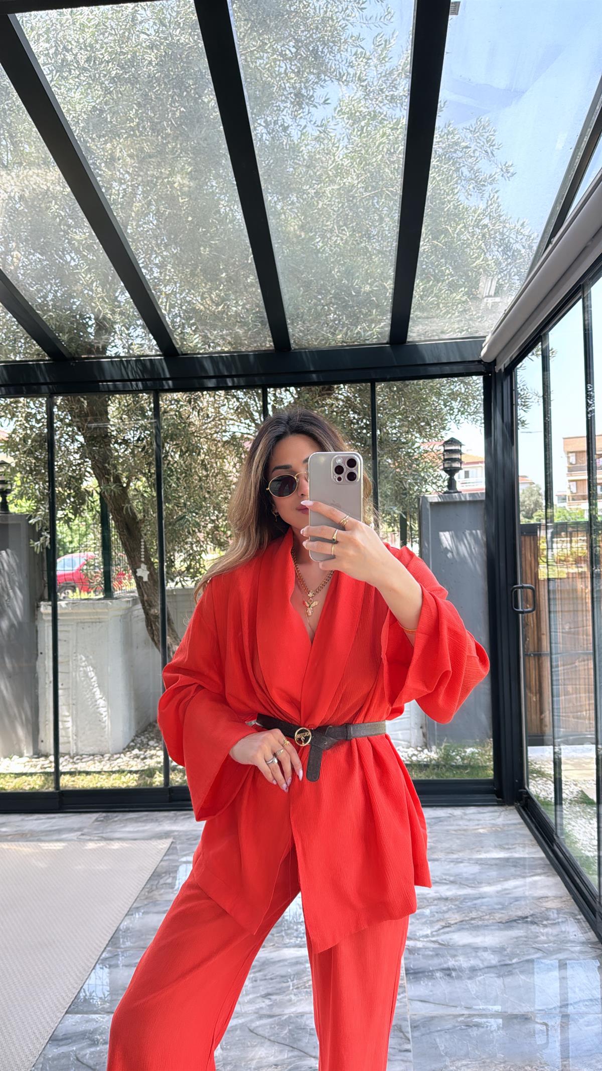 Turuncu Şal Yaka Kimono Takım