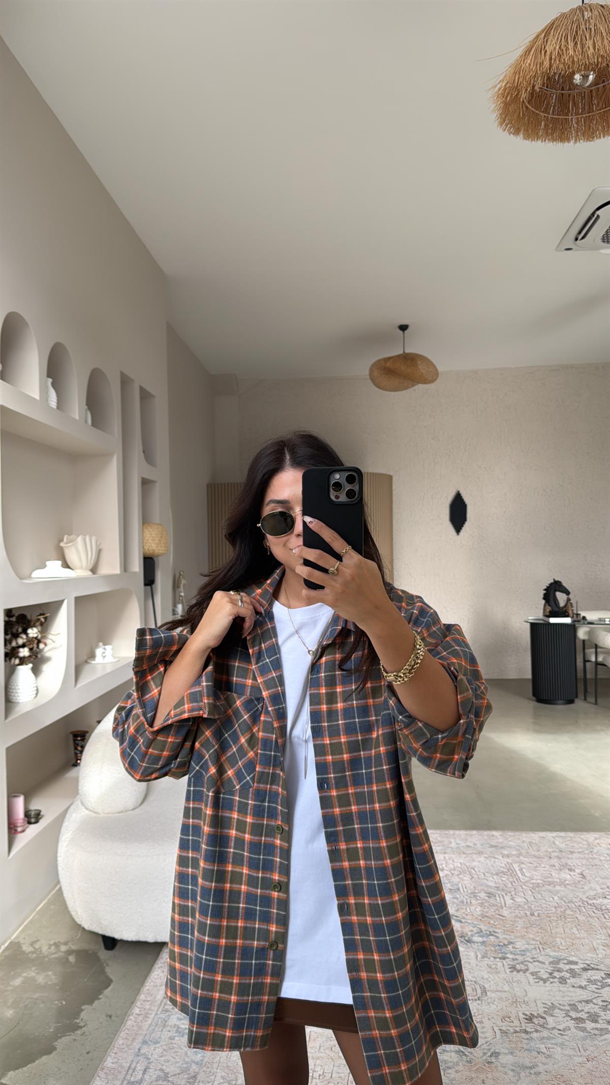 Turunculu Ekose Pamuklu Gömlek