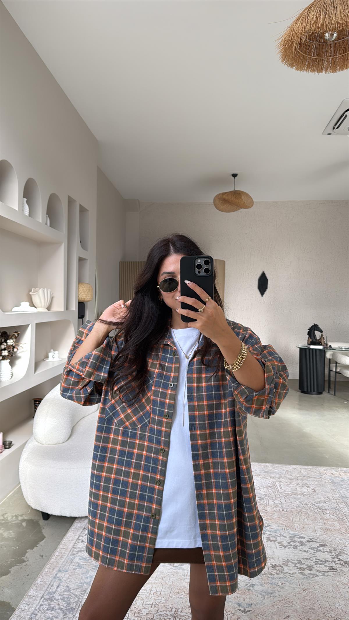 Turunculu Ekose Pamuklu Gömlek