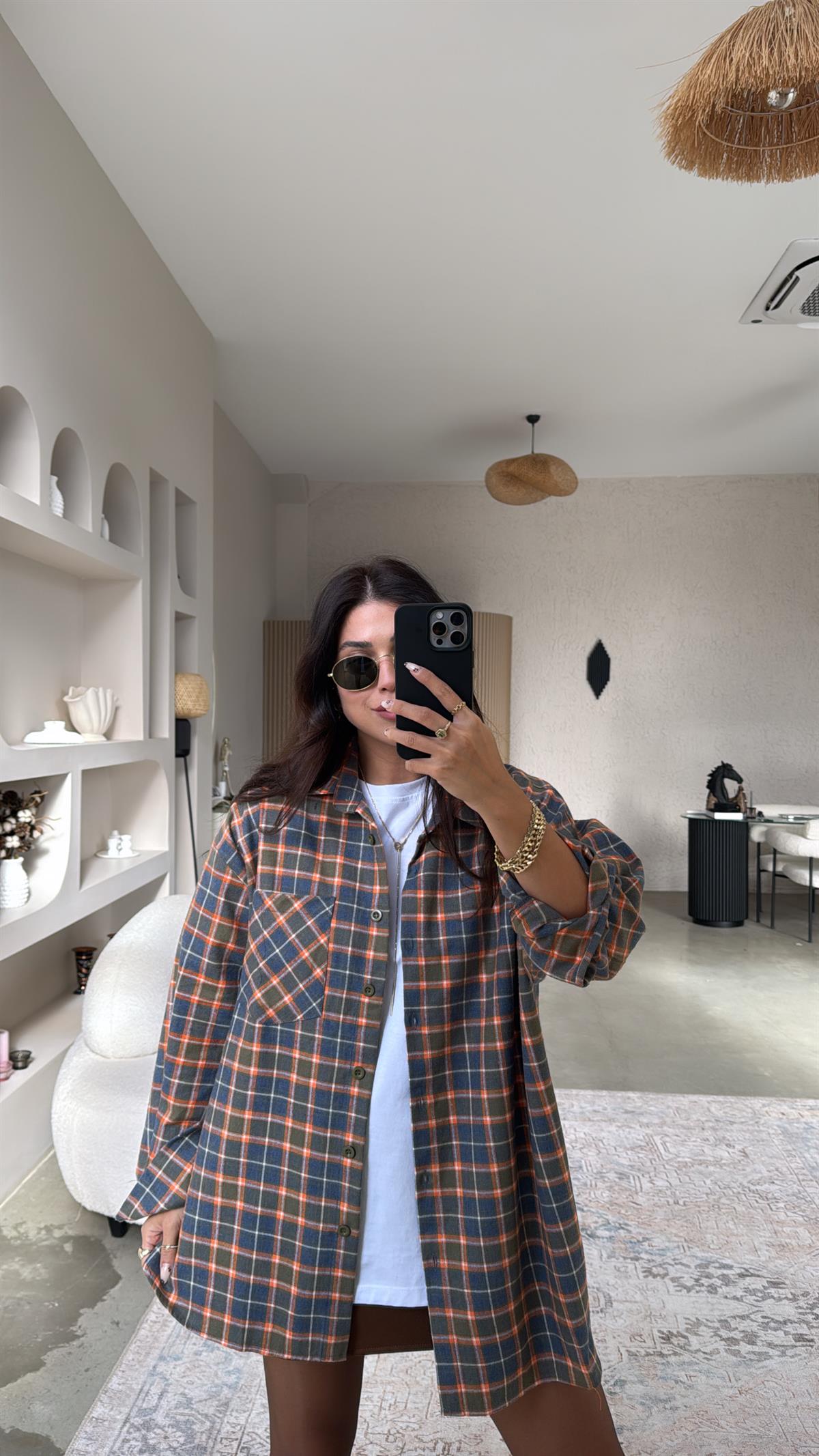 Turunculu Ekose Pamuklu Gömlek