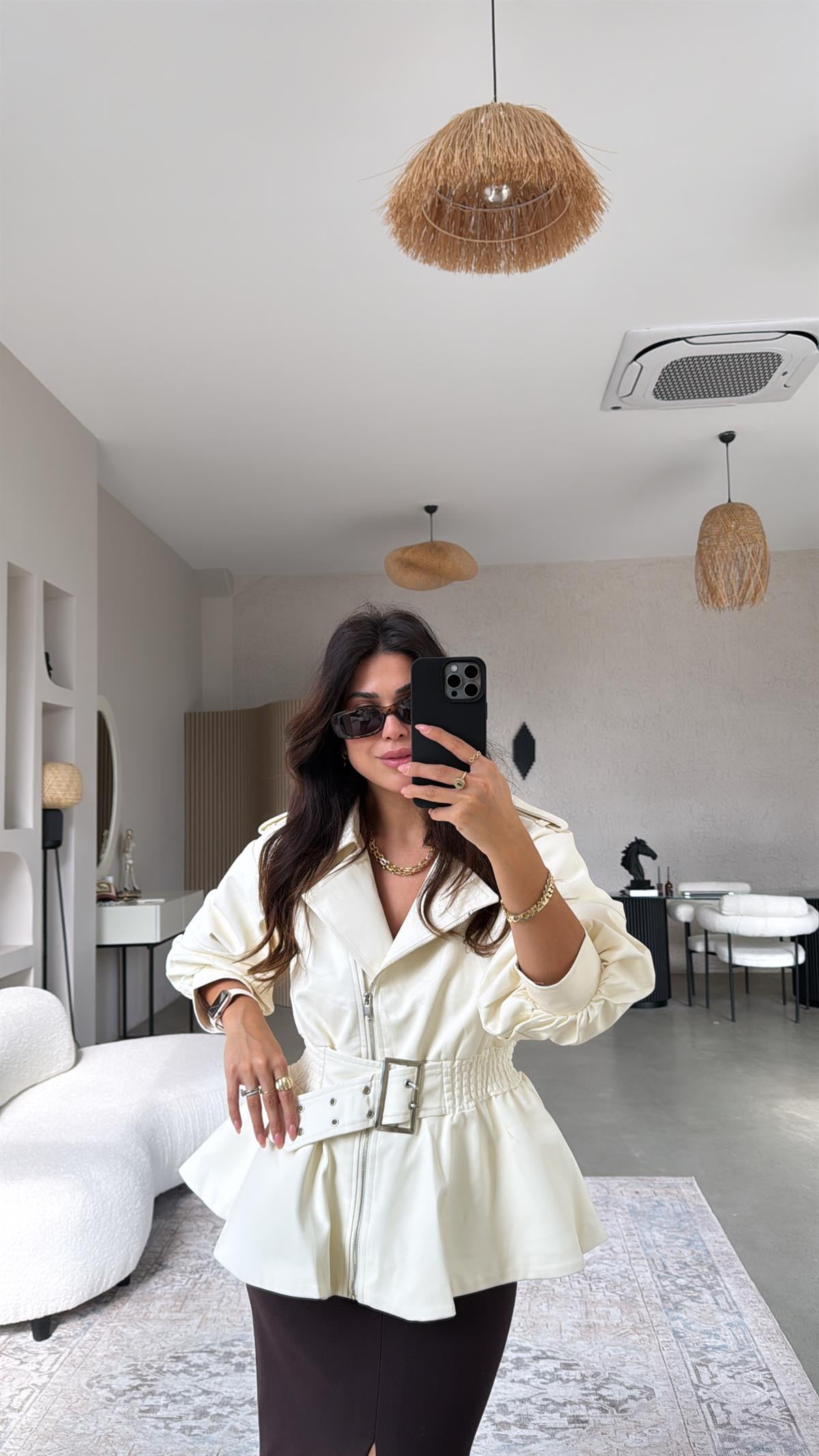 Vanilya Premium Volanlı Kemerli Deri Ceket